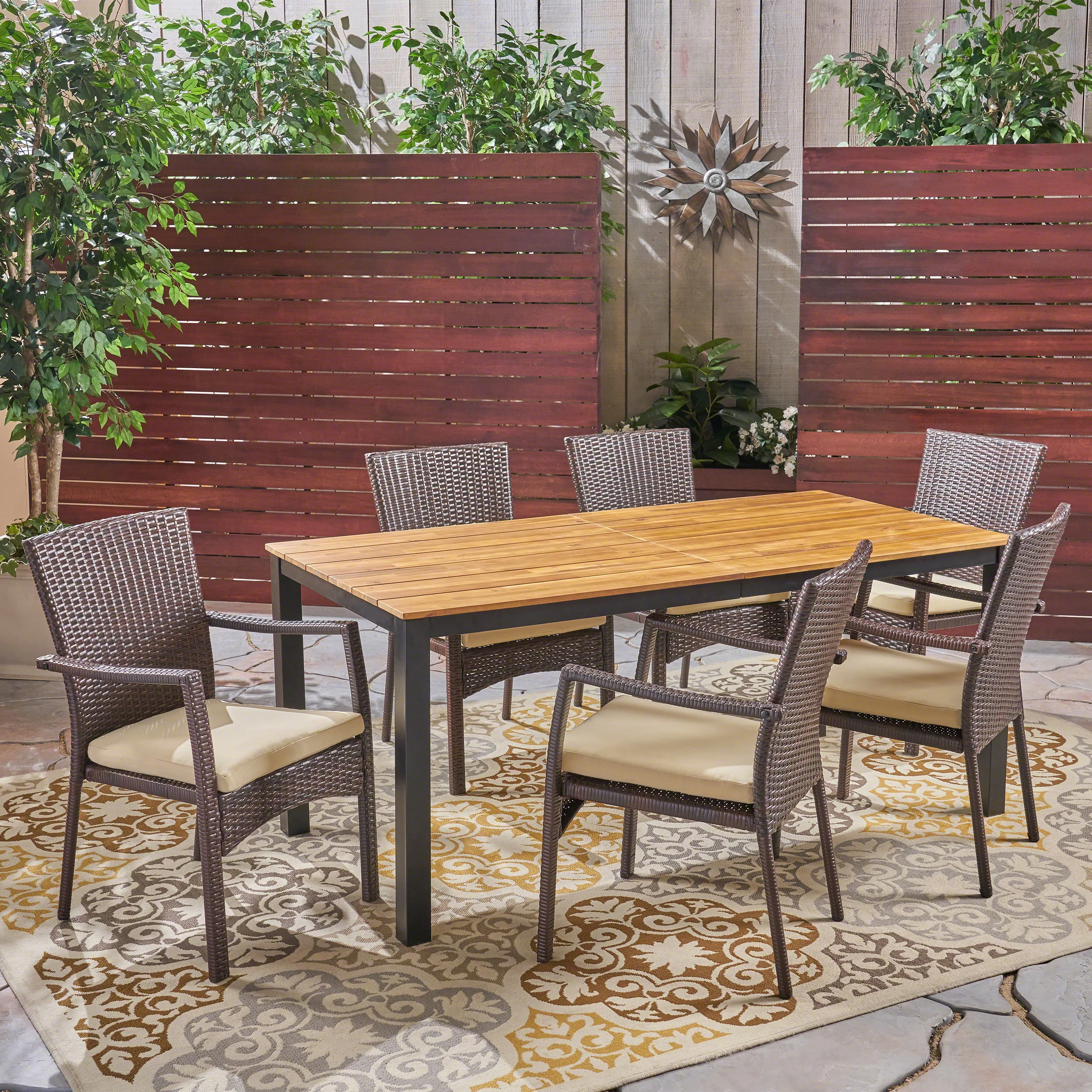 Elaine Outdoor 7 Piece Acacia Wood Dining Set with Wicker Chairs, Teak and Brown and Cream - furnishings