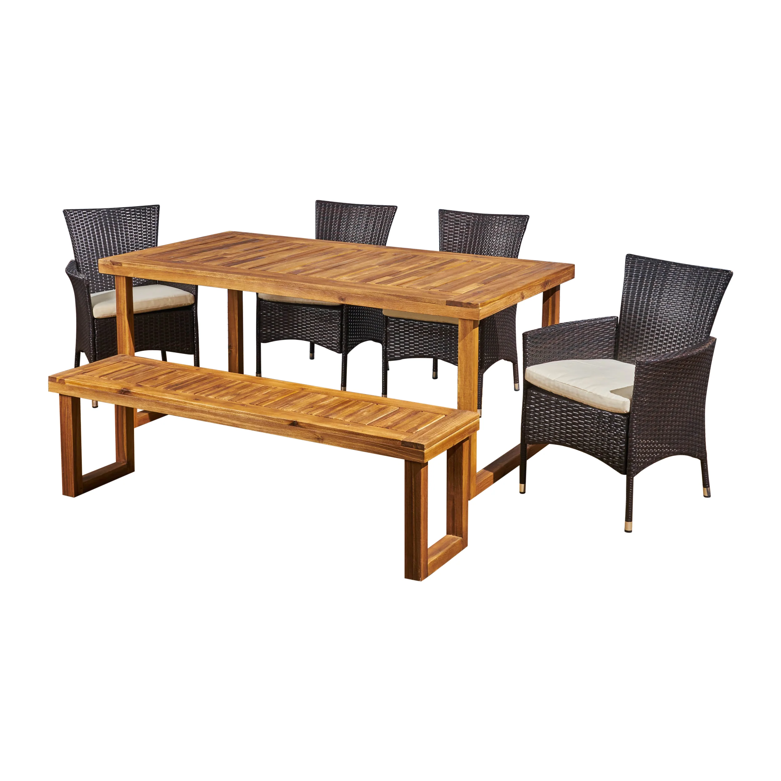 Agnes Outdoor 6-Seater Wood and Wicker Chair and Bench Dining Set - furnishings