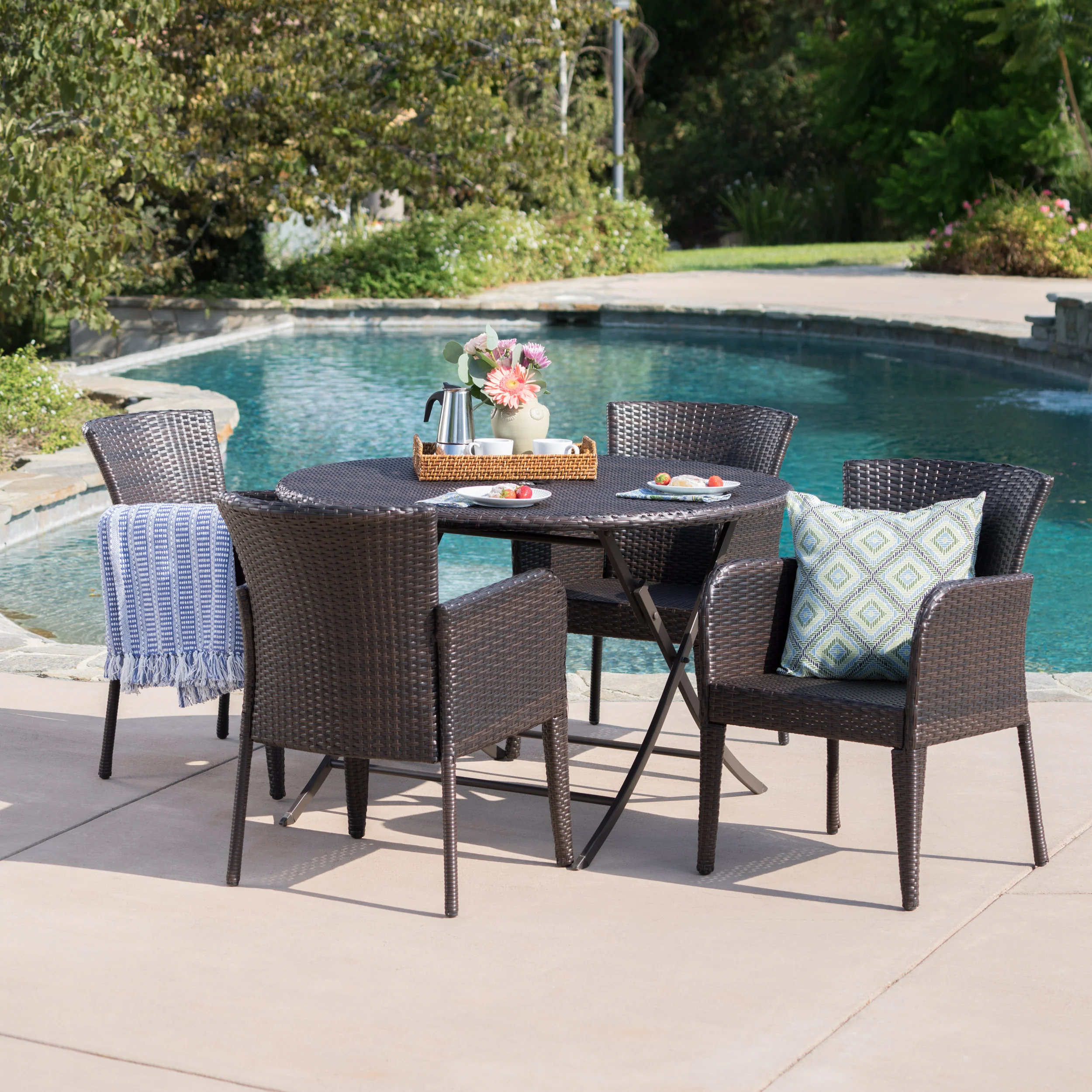 Efrain Outdoor 5 Piece Multi-brown Wicker Dining Set with Foldable Table - furnishings