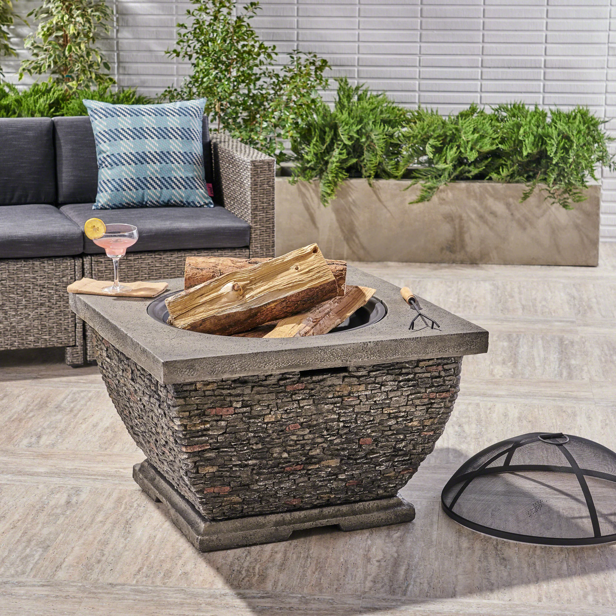 Laraine Outdoor 32-inch Wood Burning Light-Weight Concrete Square Fire Pit, Grey - furnishings