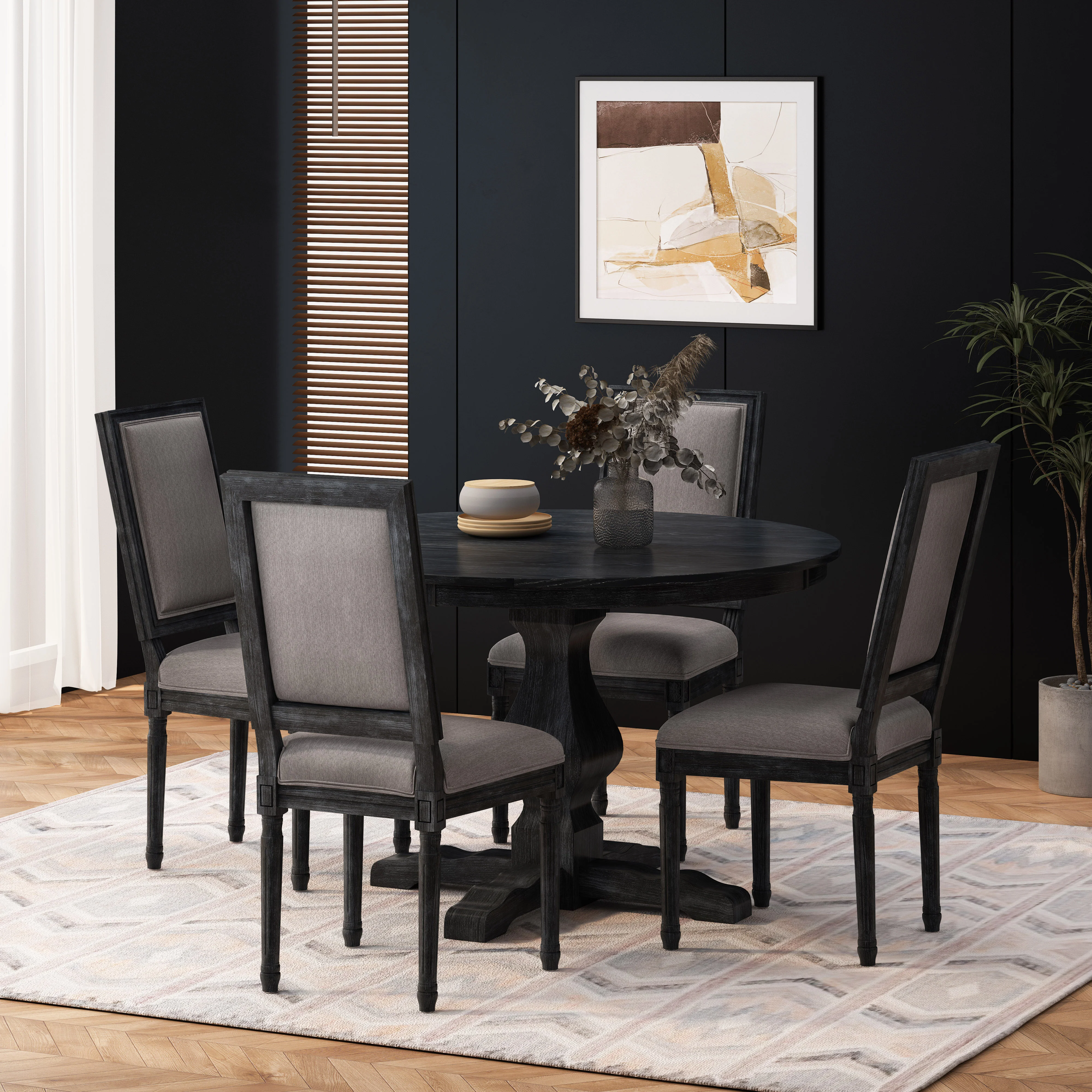 Merlene French Country Fabric Upholstered Wood 5 Piece Circular Dining Set - furnishings
