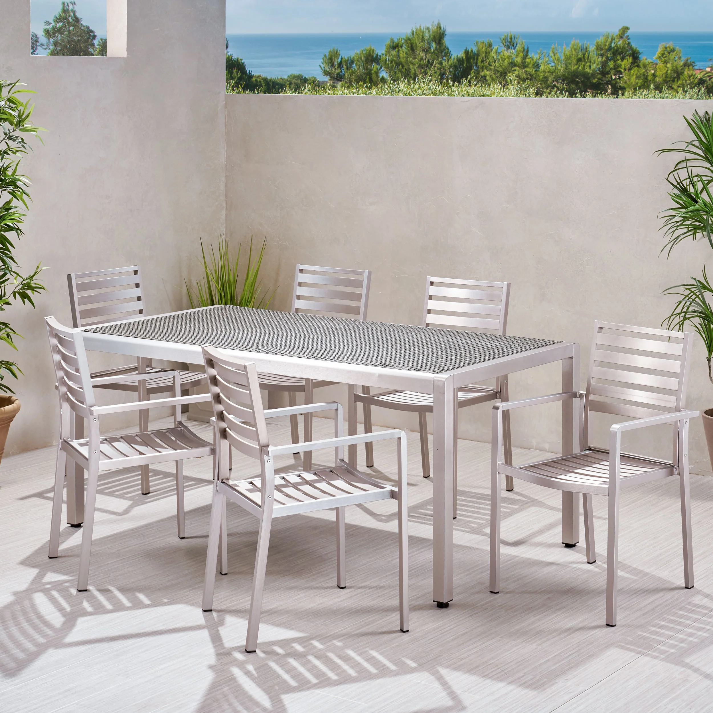 Cherie Outdoor Modern 6 Seater Aluminum Dining Set with Wicker Table Top - furnishings