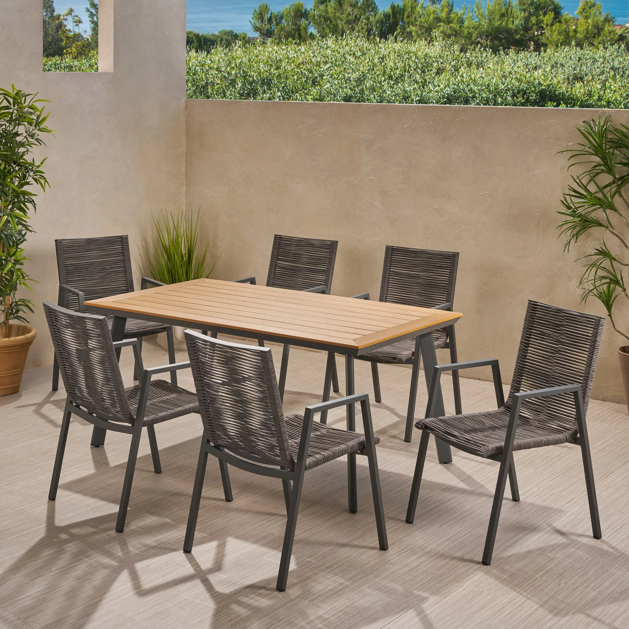 Asir Outdoor Modern 6 Seater Aluminum Dining Set with Faux Wood Table Top - furnishings