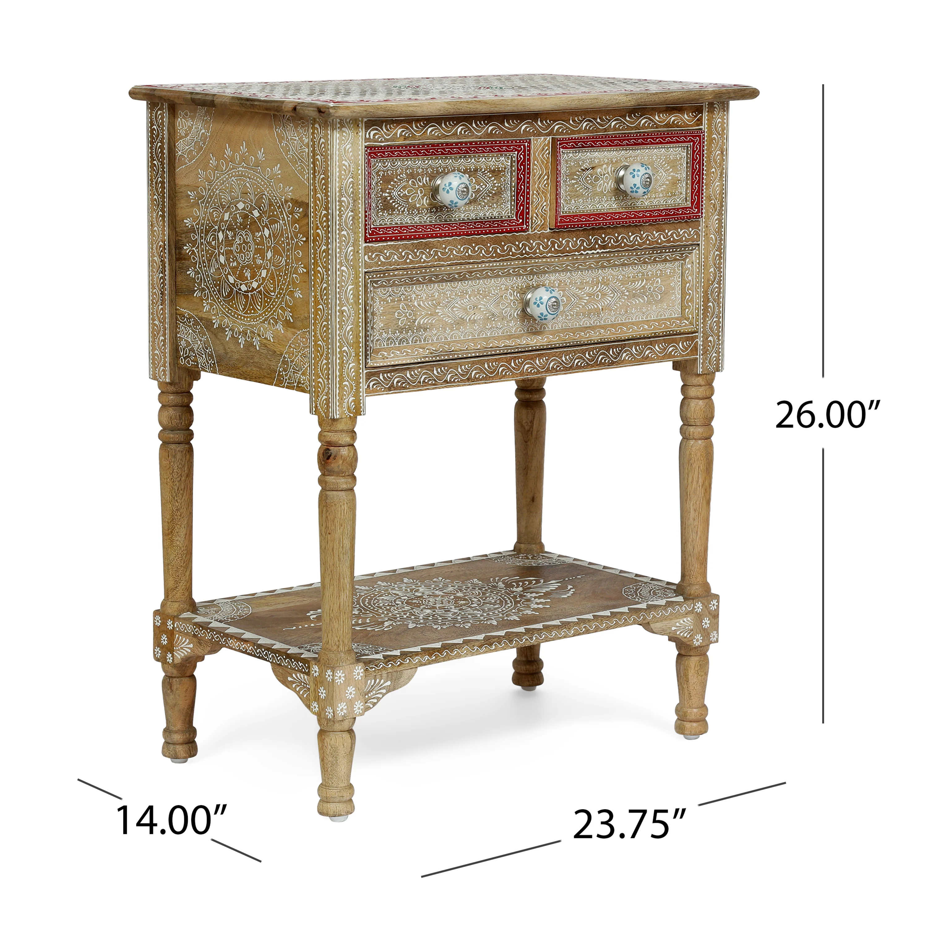 Leverick Handcrafted Boho 3 Drawer Mango Wood End Table - furnishings