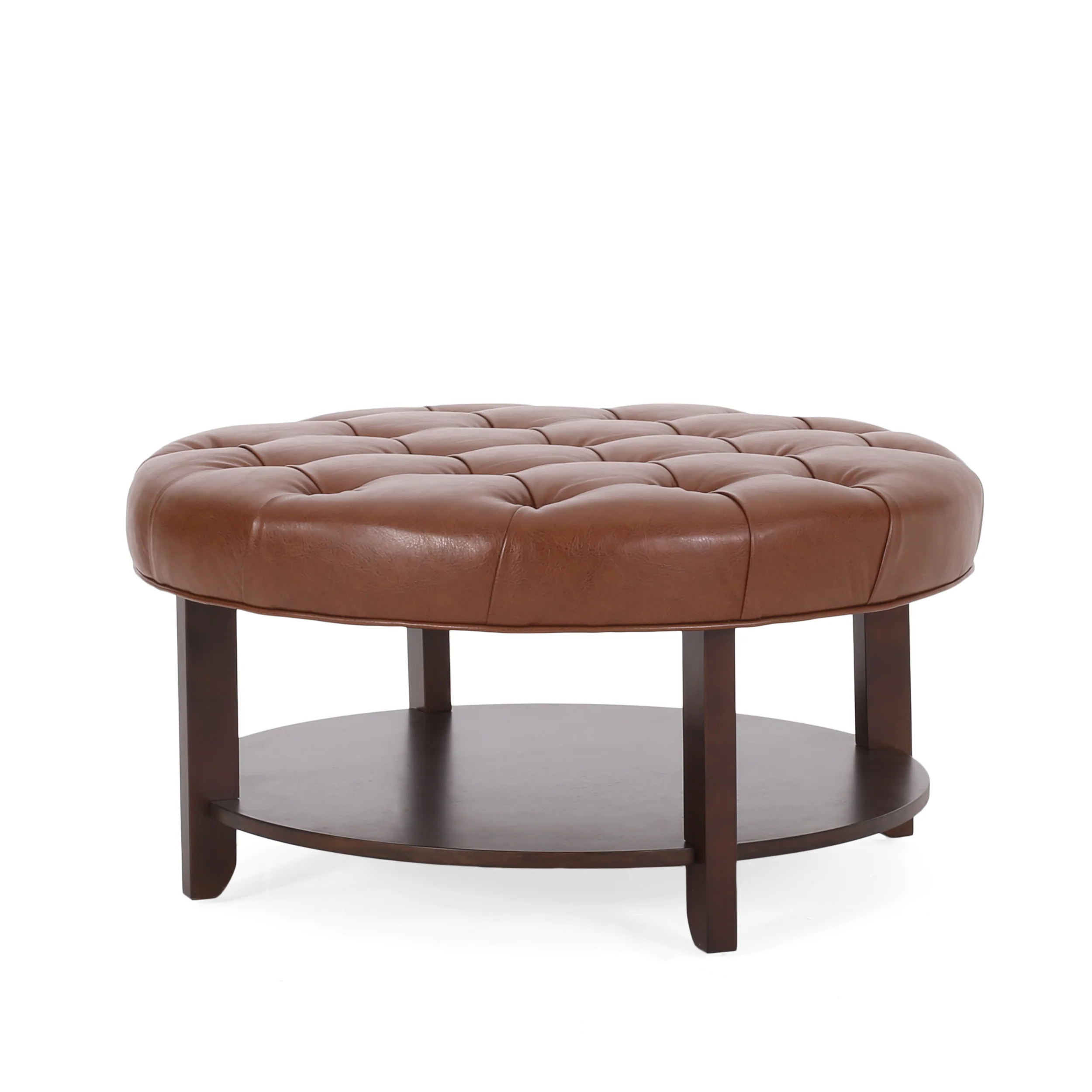 Baynes Contemporary Faux Leather Tufted Wood Round Ottoman with Open Shelf - furnishings