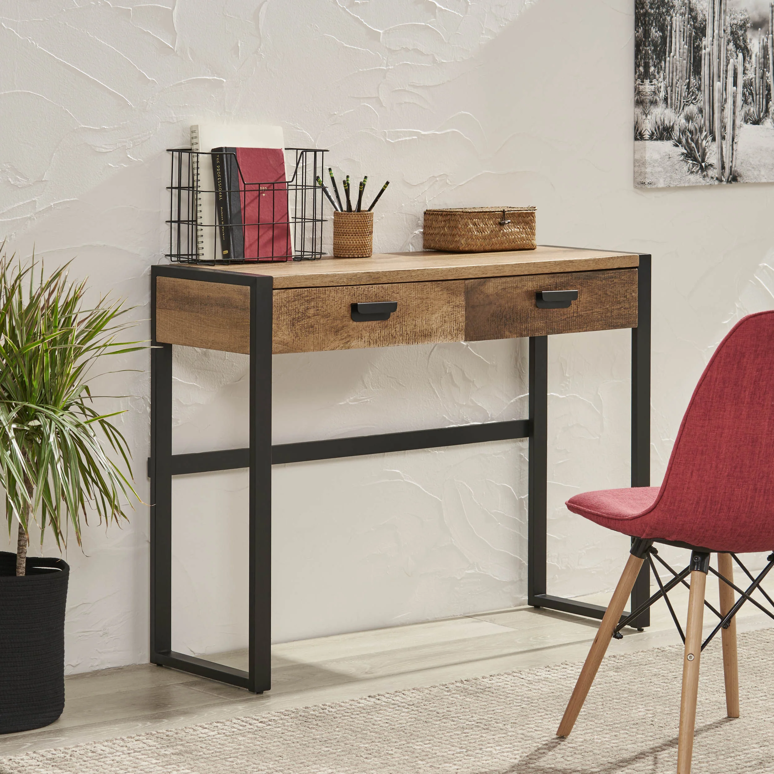 Jarvi Modern Industrial Handcrafted Mango Wood Desk with Drawers, Natural and Black - furnishings