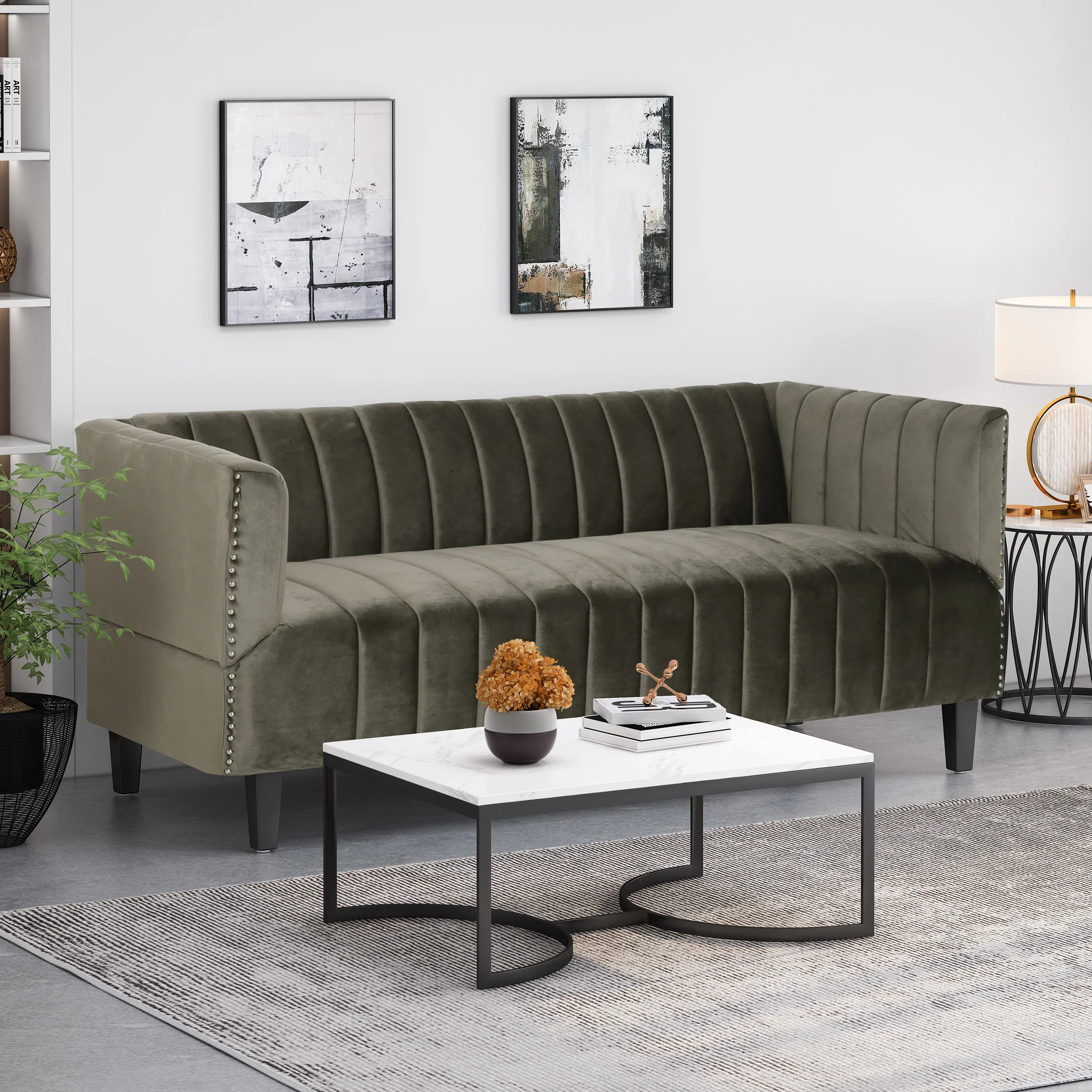 Masie Contemporary Channel Stitch Velvet 3 Seater Sofa - furnishings