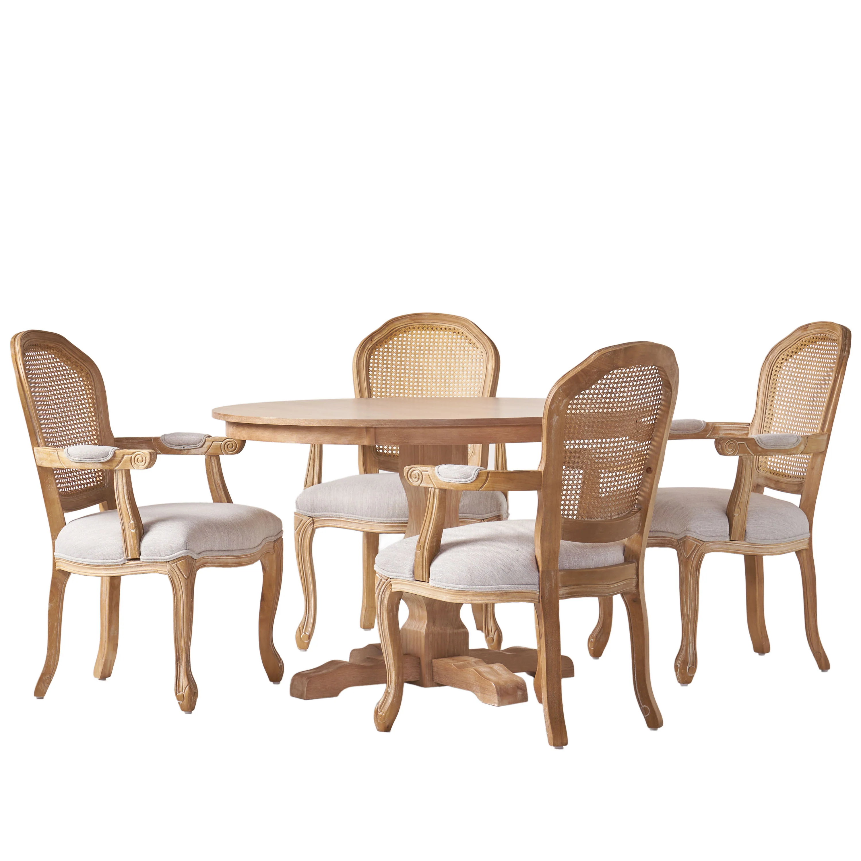 Ardyce French Country Fabric Upholstered Wood and Cane 5 Piece Circular Dining Set - furnishings