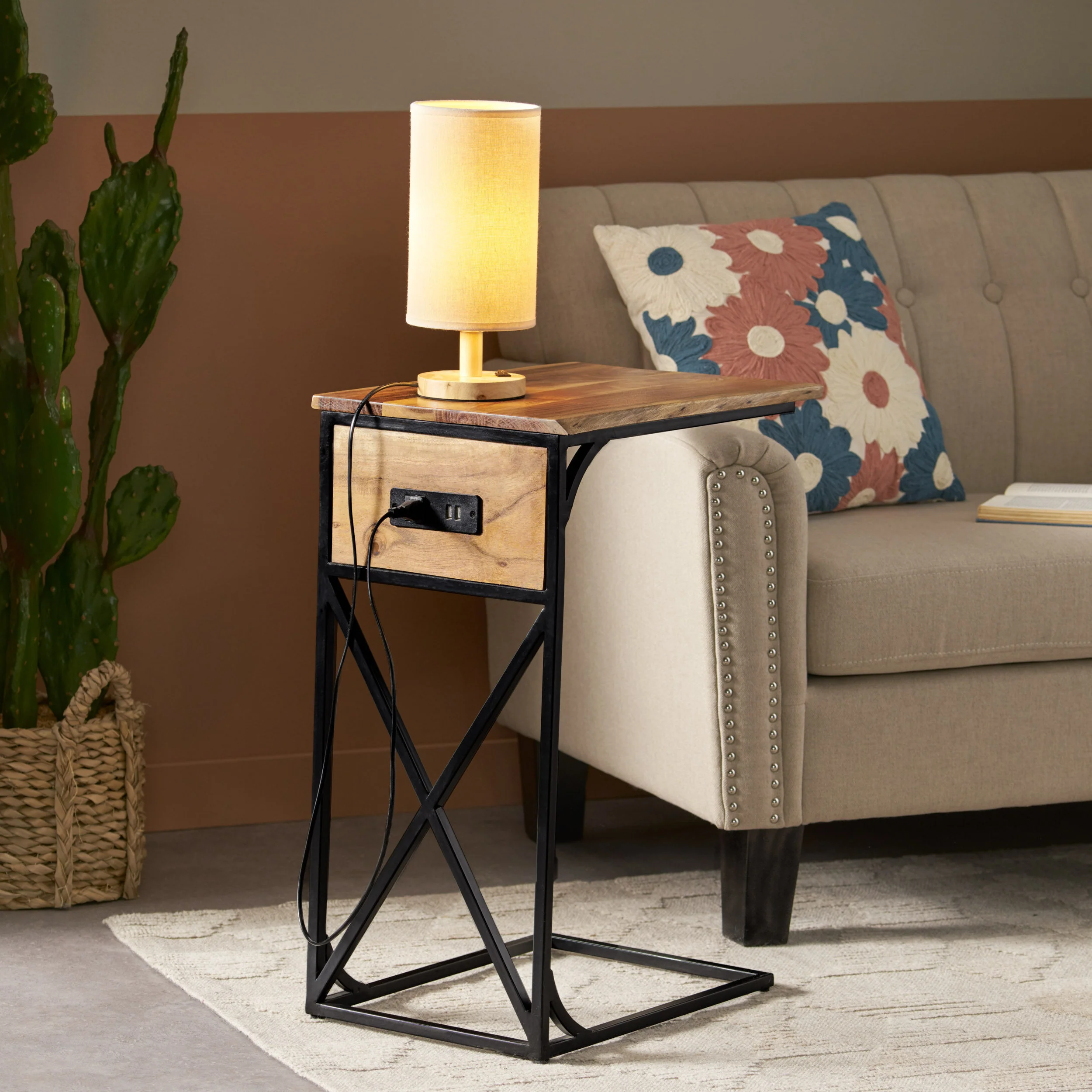 Sunqueen Modern Industrial Handcrafted Acacia Wood C-Shaped Side Table with Charging Port, Natural and Black - furnishings