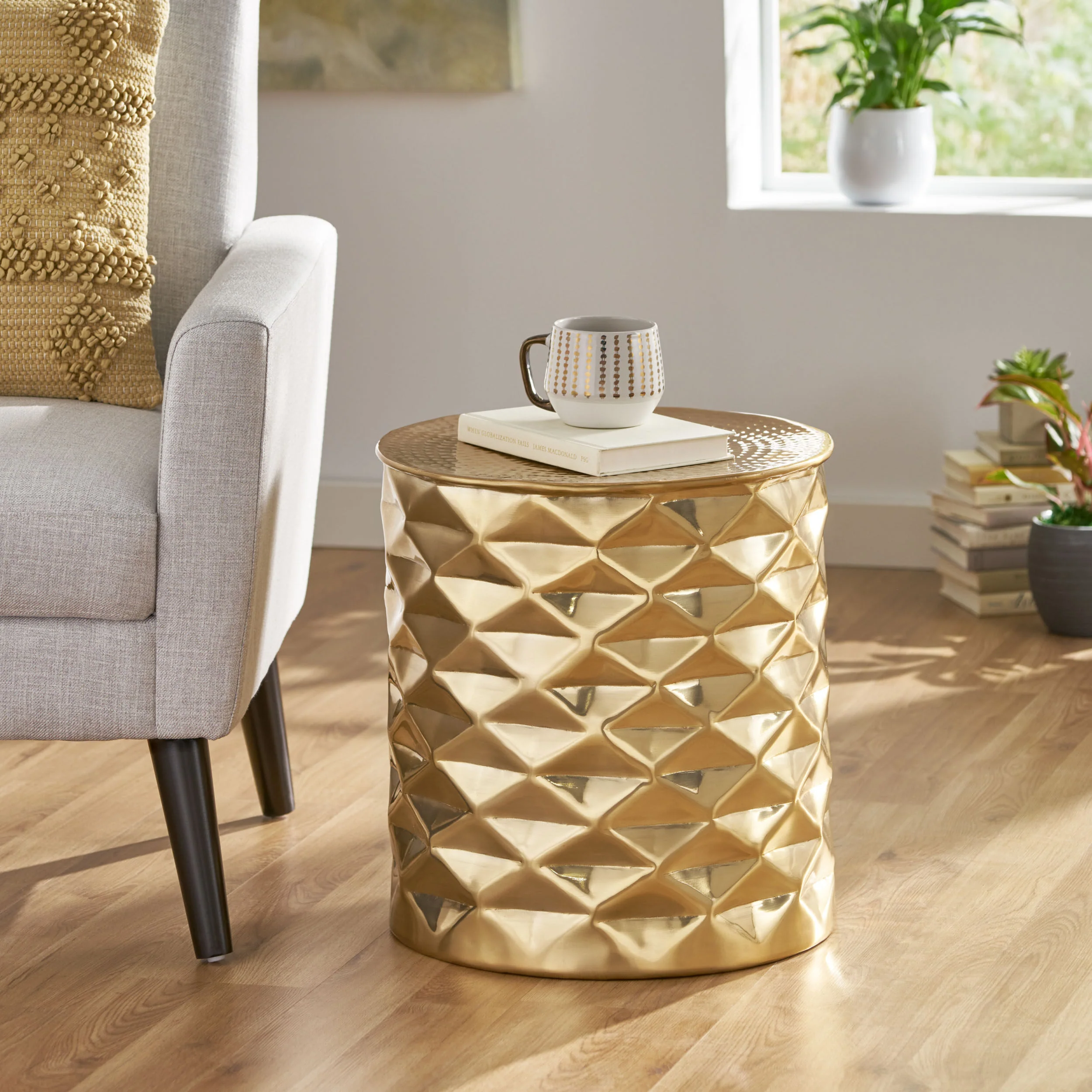 Ella Modern Glam Handcrafted Diamond Pattern Aluminum Side Table - furnishings
