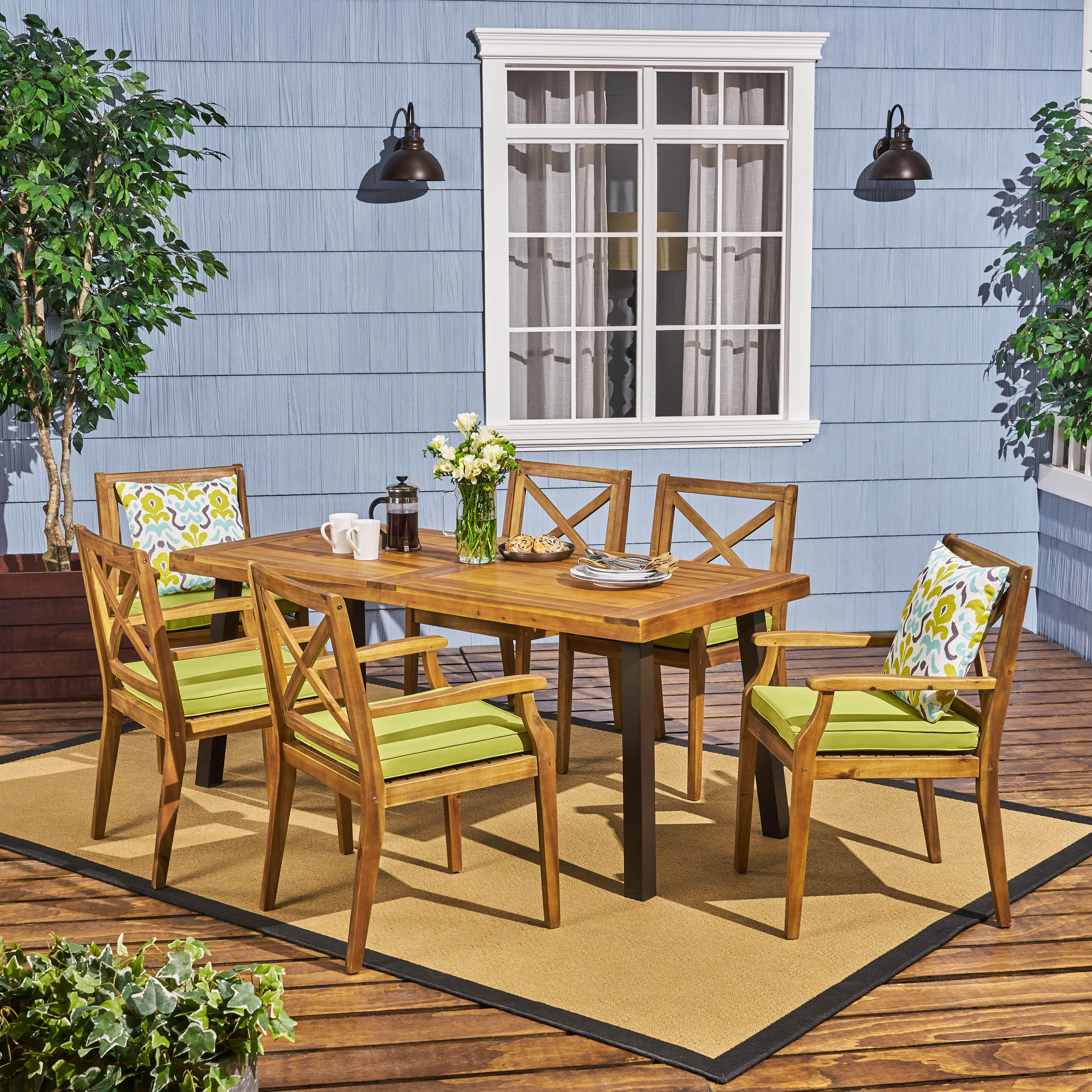 Nolan Outdoor 7-Piece Acacia Wood and Iron Dining Set - furnishings