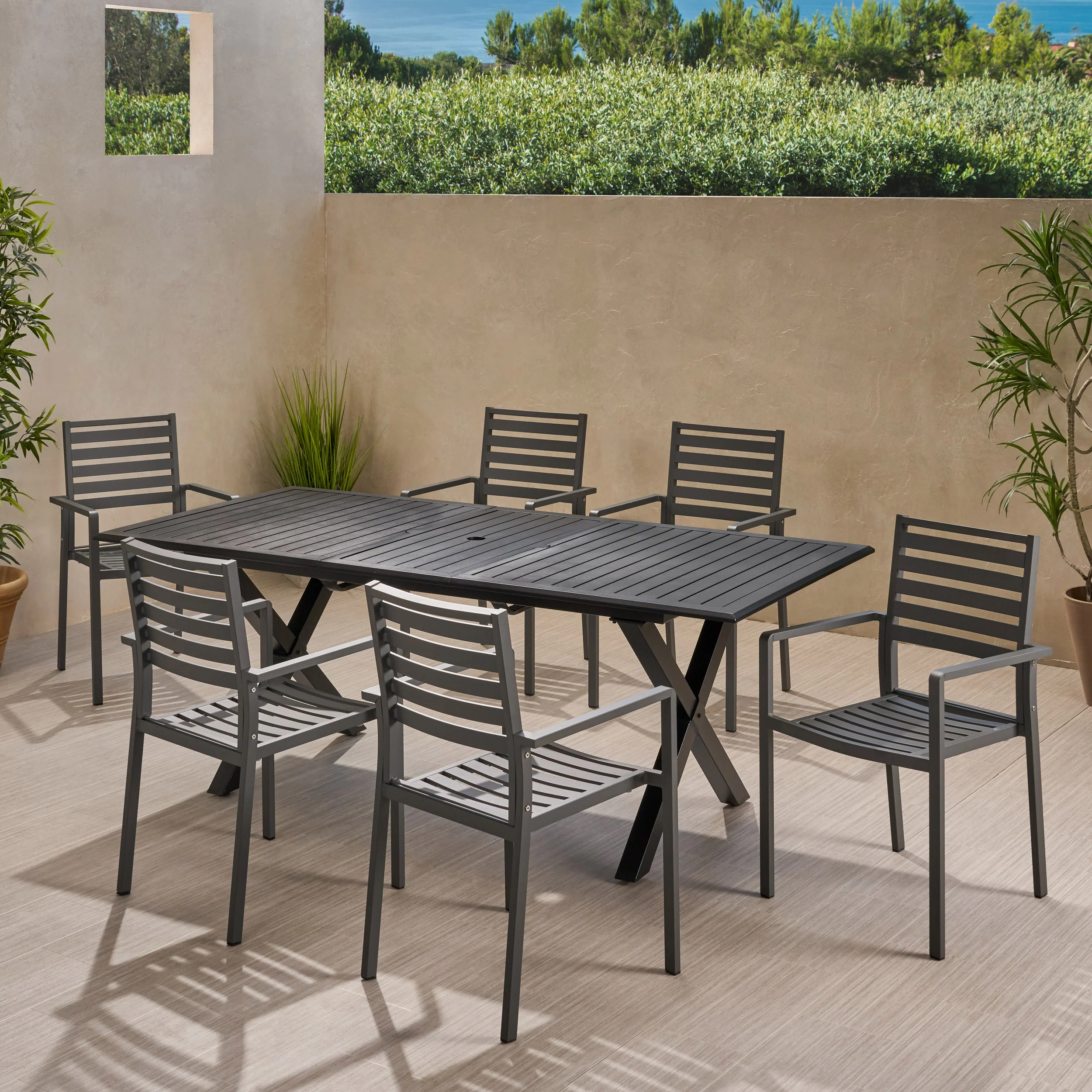 Noxx Outdoor Modern 6 Seater Aluminum Dining Set with Expandable Table - furnishings