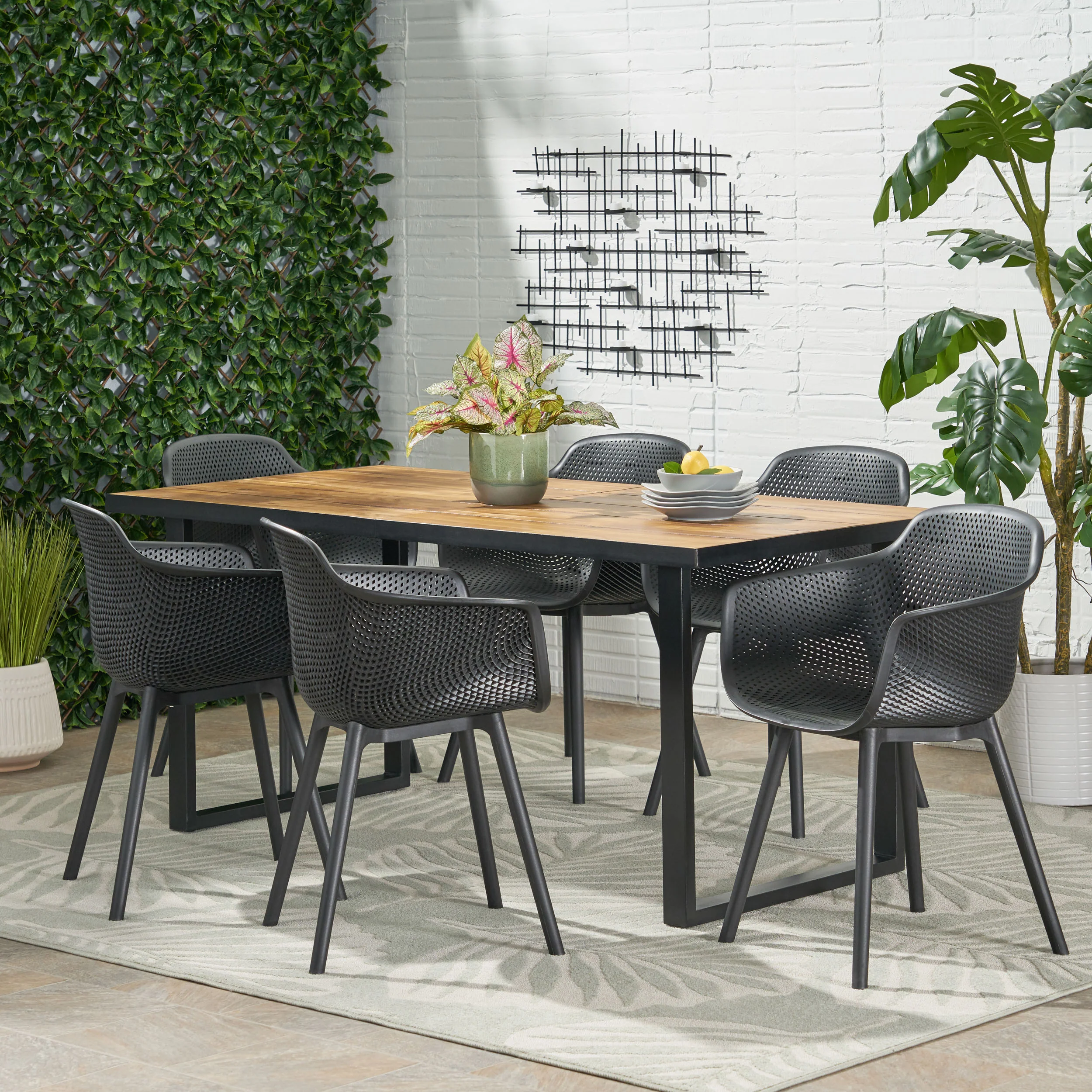 Barbados Outdoor Wood and Resin 7 Piece Dining Set, Black and Teak - furnishings