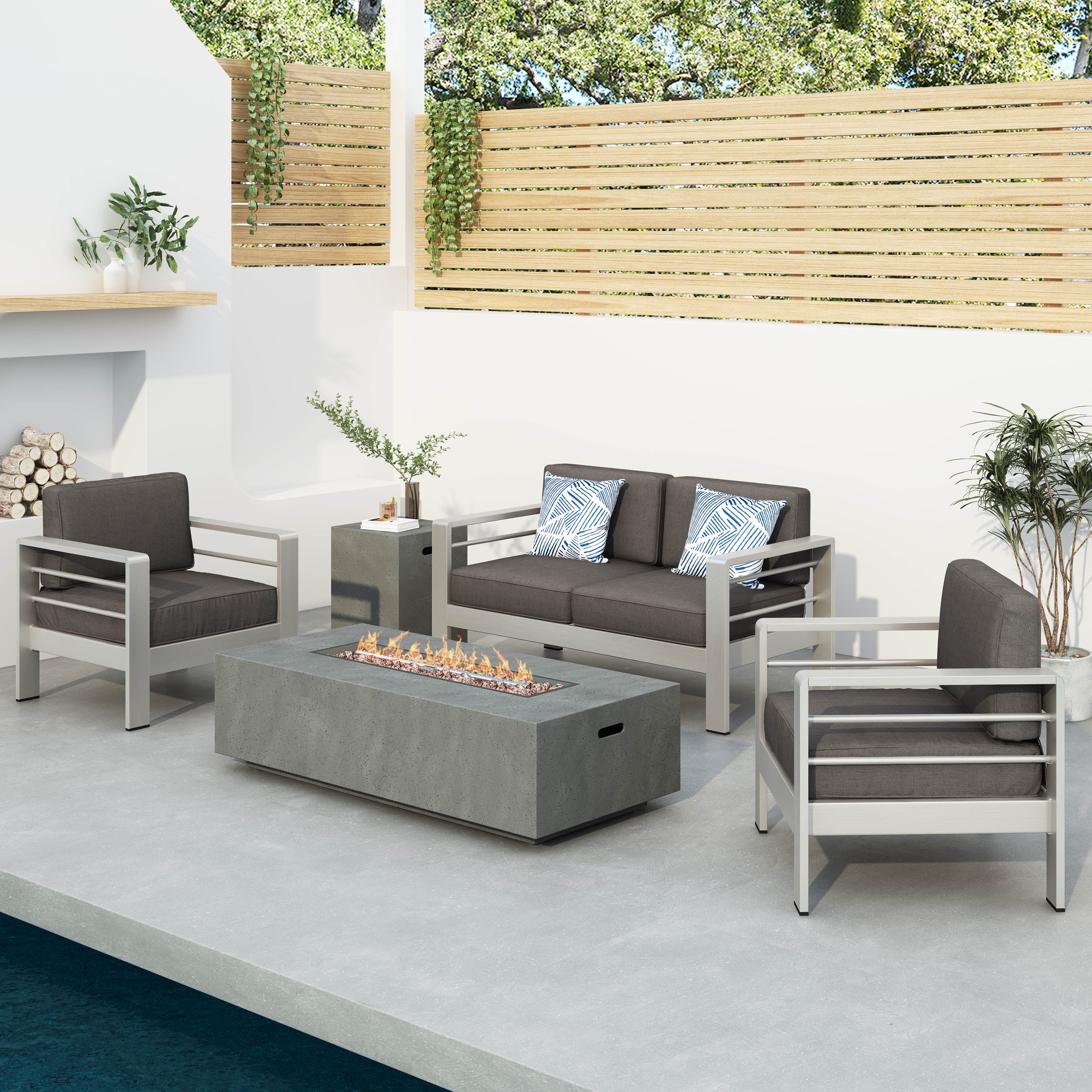 Crested Bay 5pc Modern Outdoor Aluminum Sofa & Chairs Set With Fire Pit - furnishings