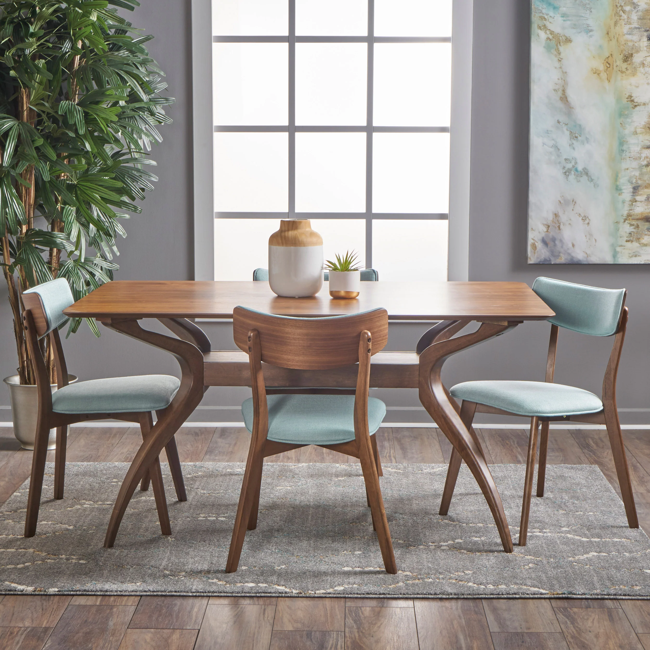Nerron Mid Century Finished 5 Piece Wood Dining Set with Fabric Chairs - furnishings