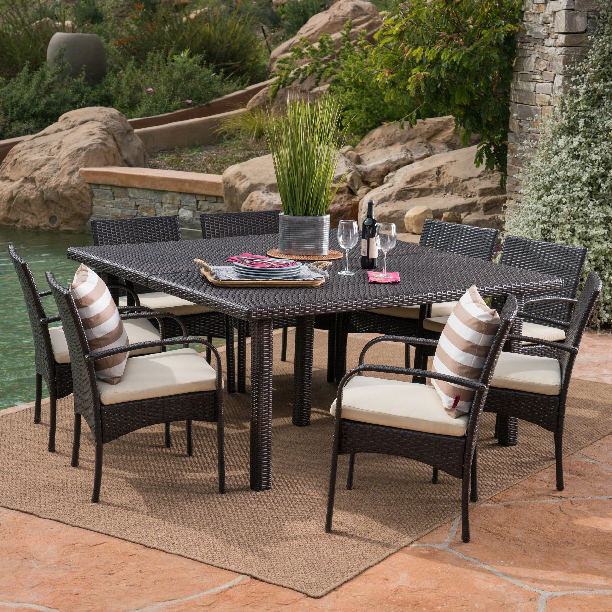 Coral Outdoor 9 Piece Wicker Dining Set with Water Resistant Cushions - furnishings