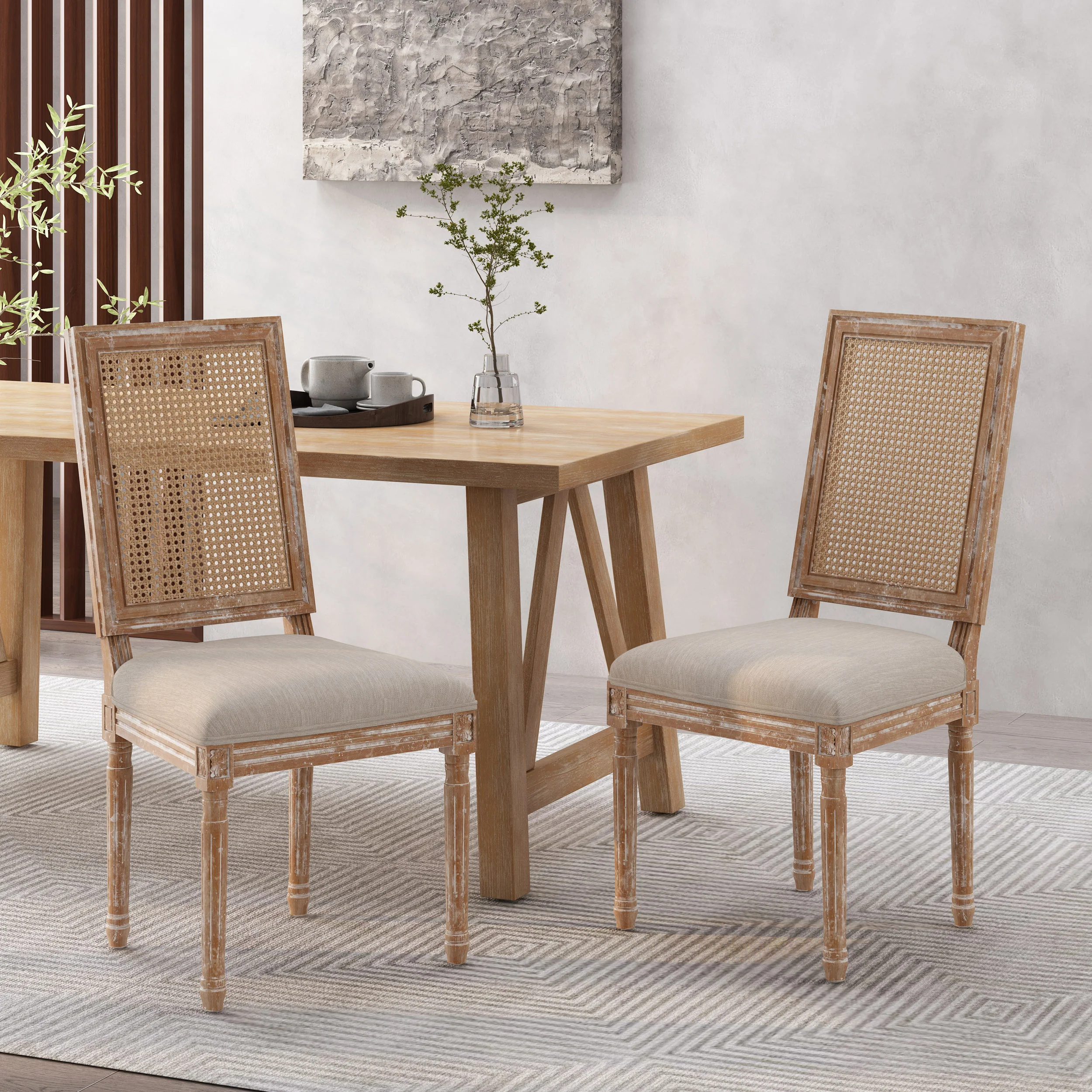 Brownell French Country Wood and Cane Upholstered Dining Chair, Set of 2 - furnishings