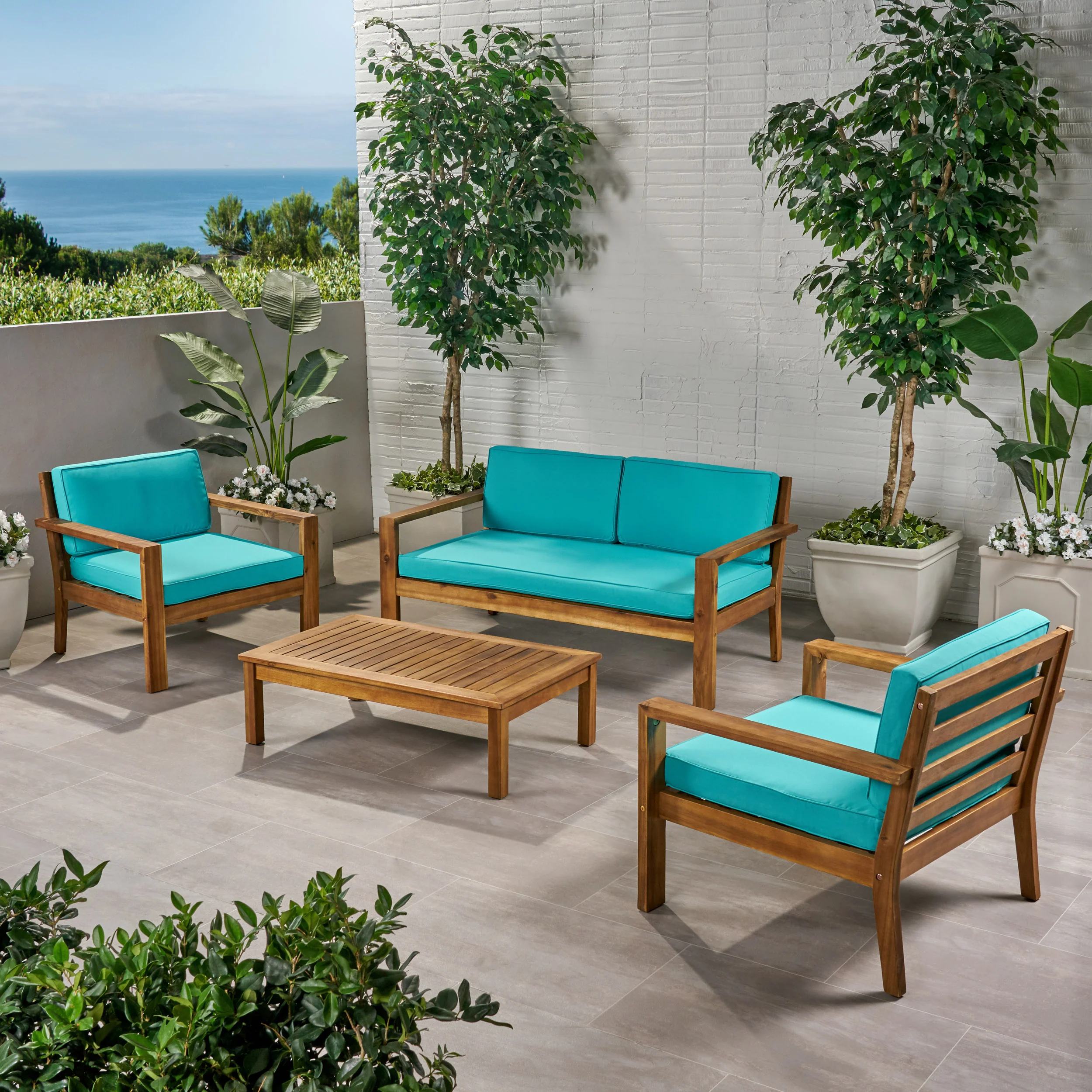 Gloria Outdoor 4 Seater Acacia Wood Chat Set with Cushions - furnishings