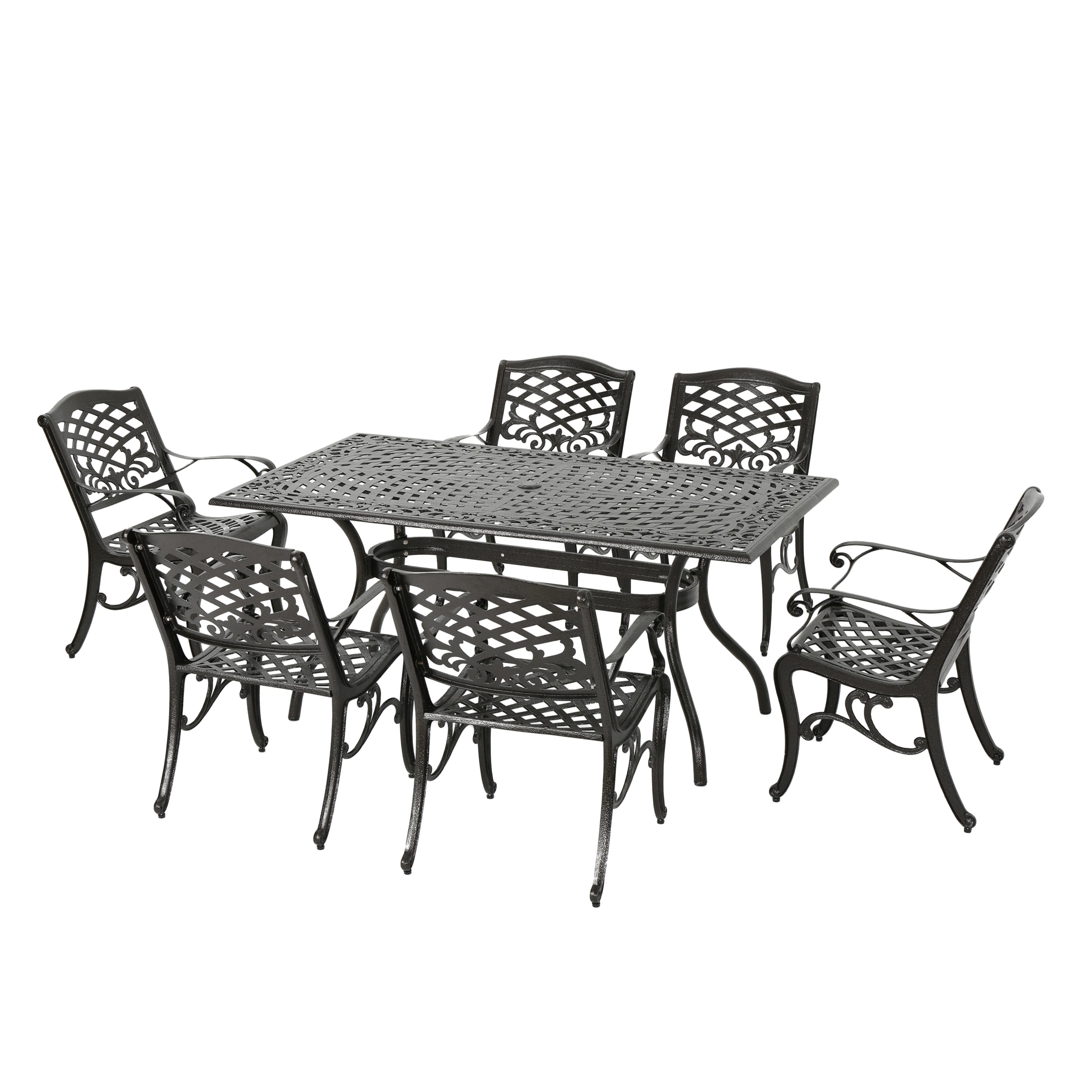 Odena Outdoor 7-piece Cast Aluminum Rectangle Bronze Dining Set - furnishings