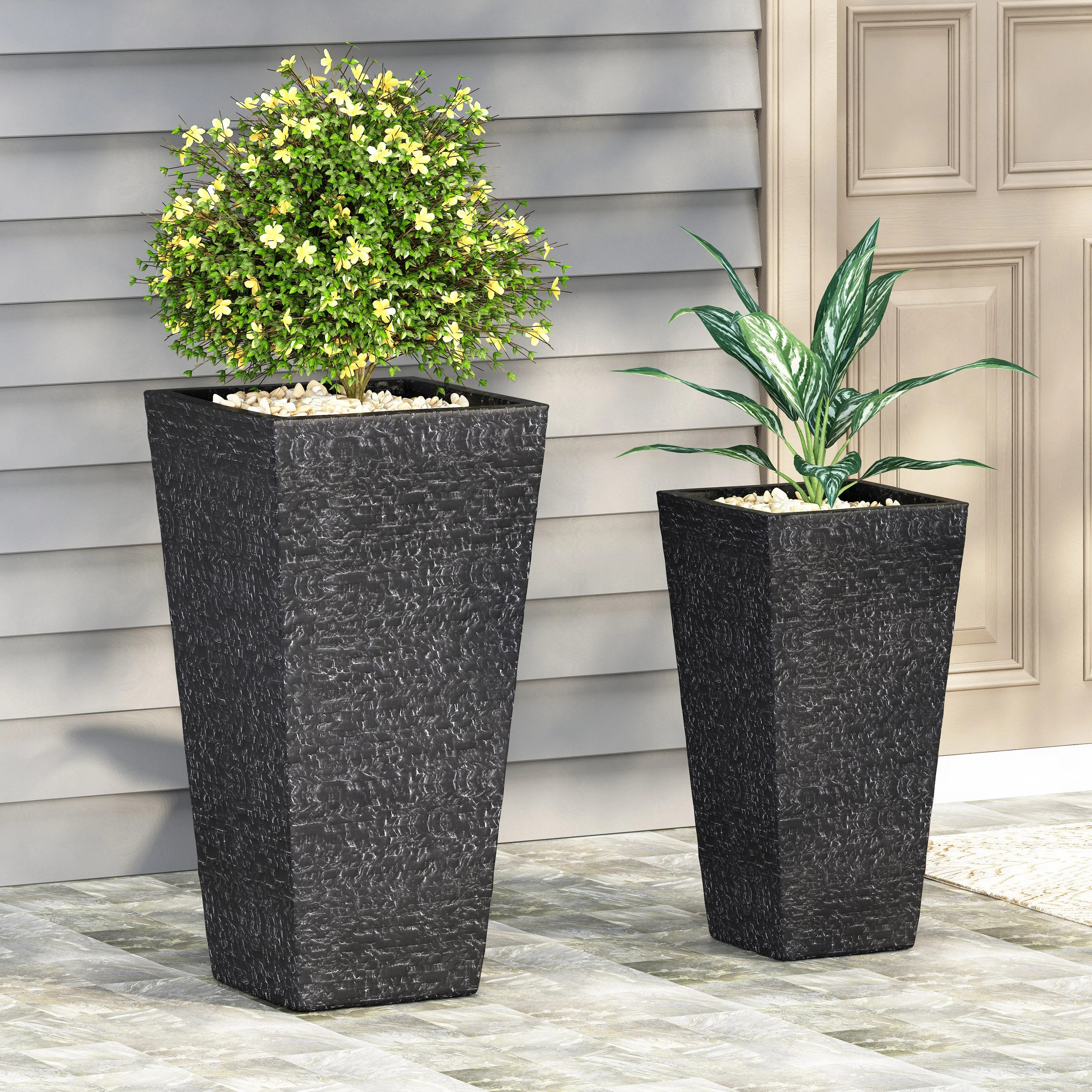 Tengren Outdoor Medium and Small Cast Stone Planters, Set of 2, Gray - furnishings