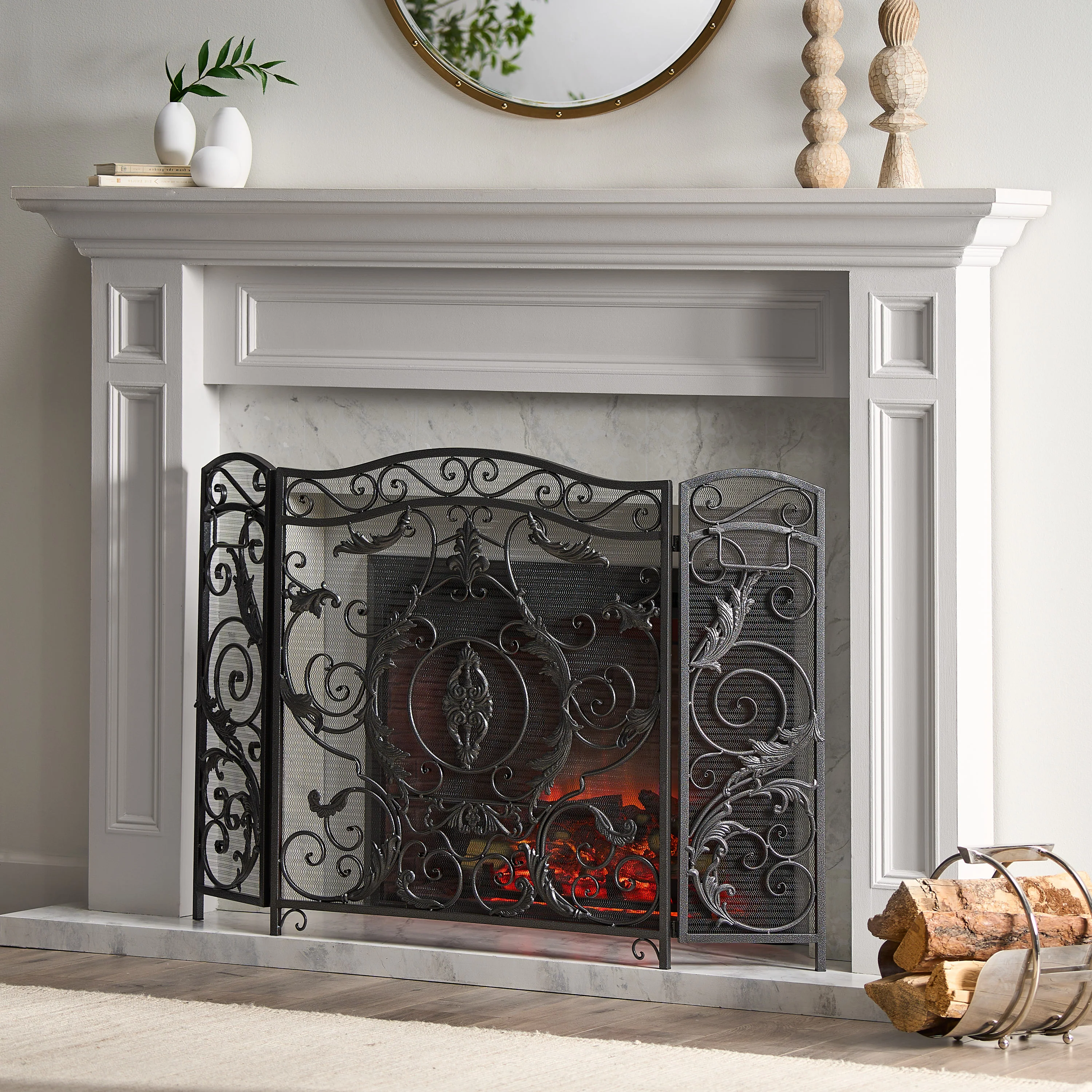 Waterbury Traditional Iron Fireplace Screen, Silver on Black - furnishings