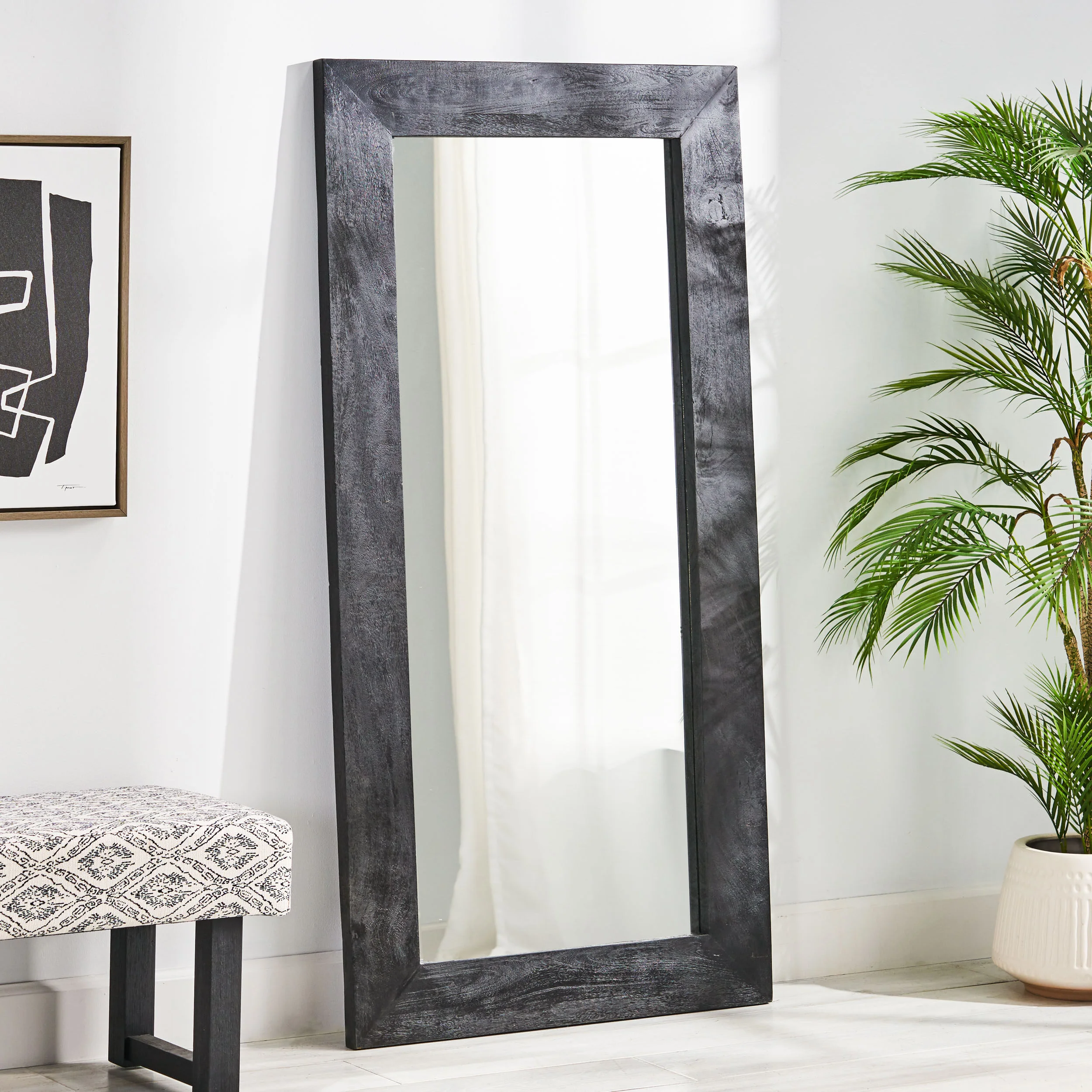 Ramsay Rustic Handcrafted Mango Wood Full Length Standing Mirror, Black and Brown - furnishings