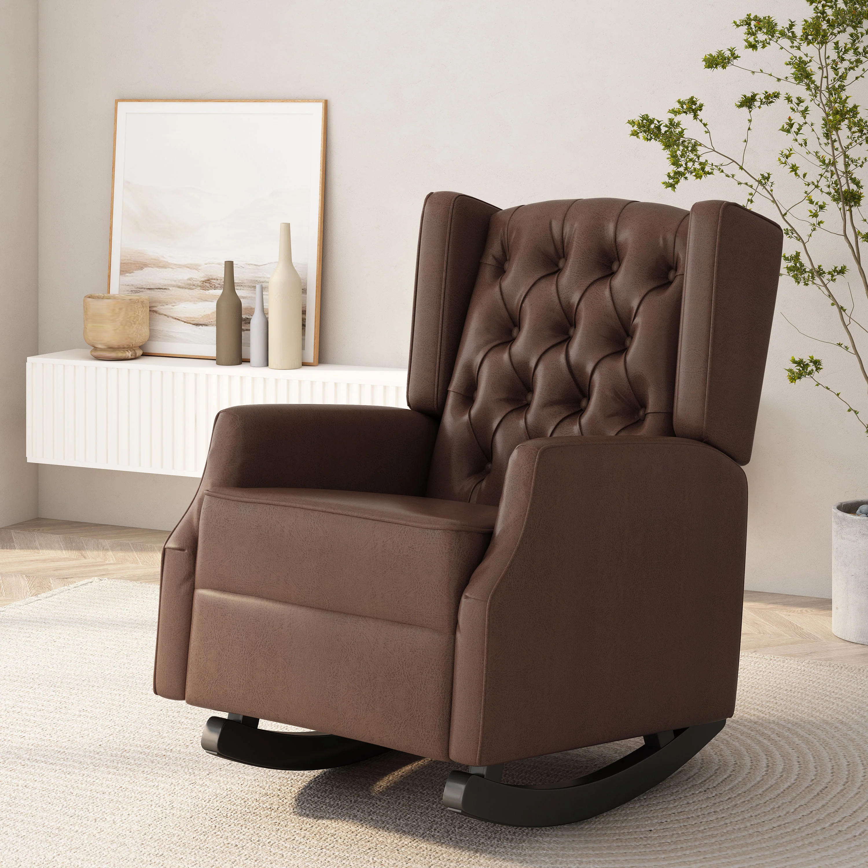 Amedou Contemporary Faux Leather Tufted Wingback Rocking Chair - furnishings