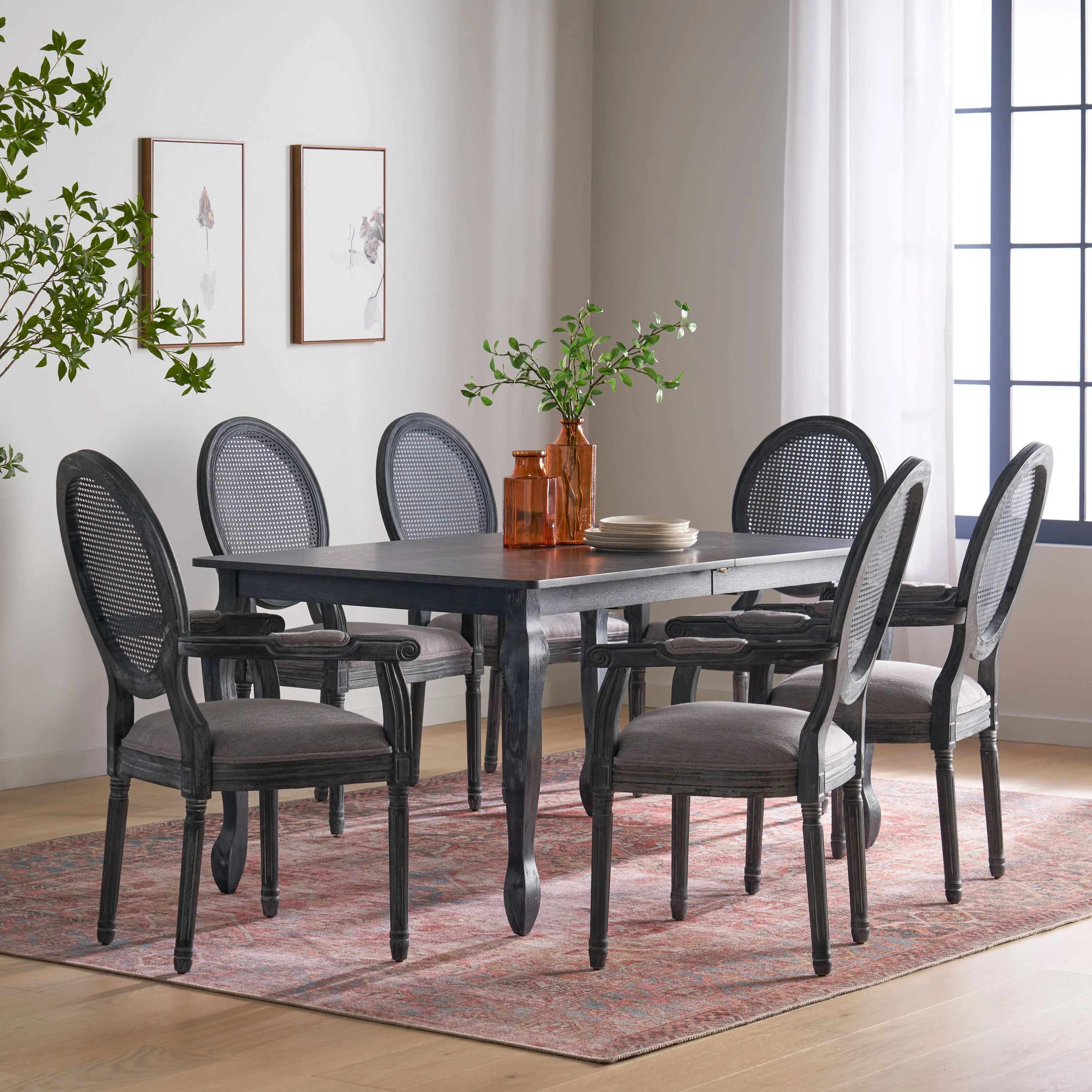 Comisky French Country Fabric Upholstered Wood and Cane Expandable 7 Piece Dining Set - furnishings