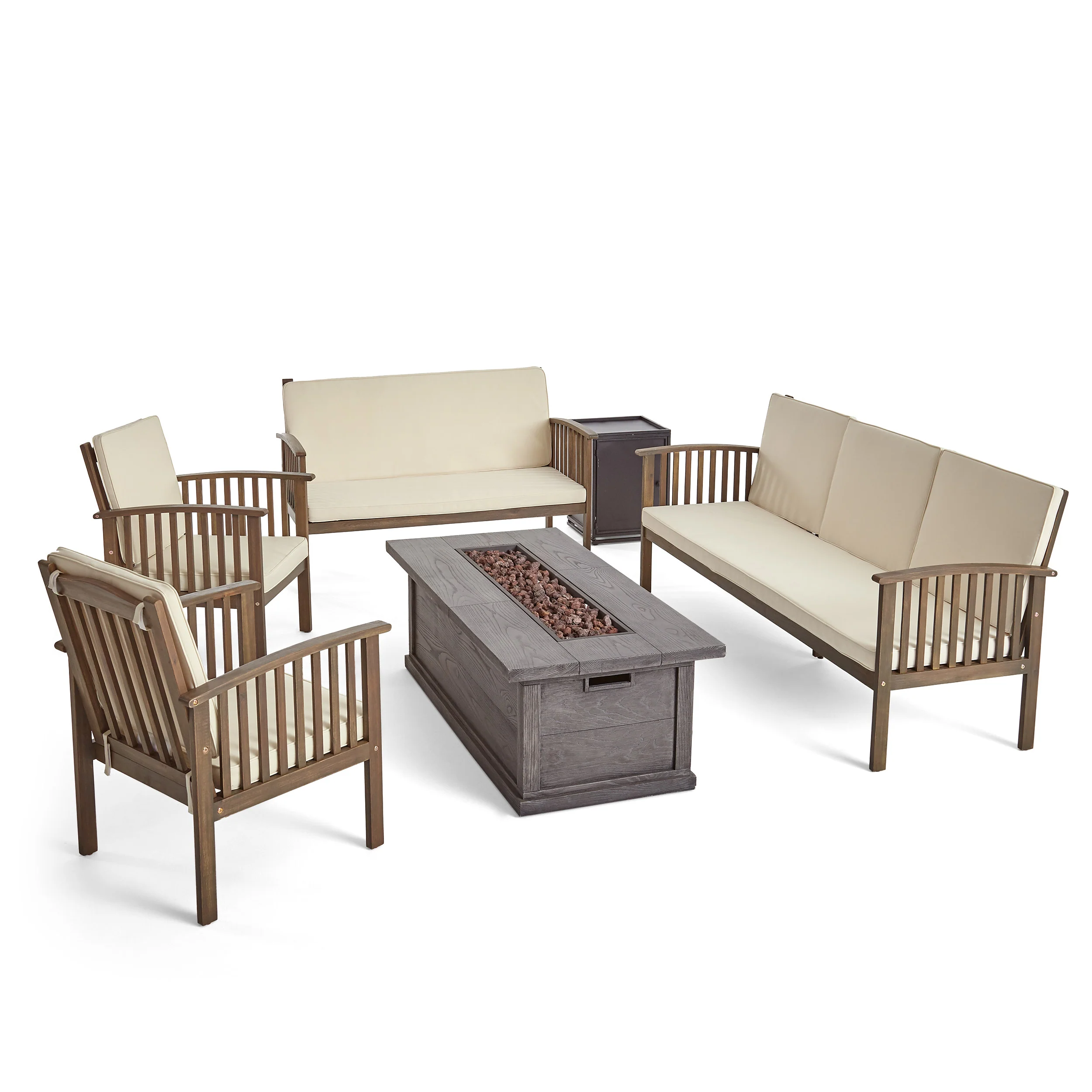 Jean Outdoor 6 Piece Acacia Wood Sofa and Loveseat Conversational Set with Fire Pit - furnishings