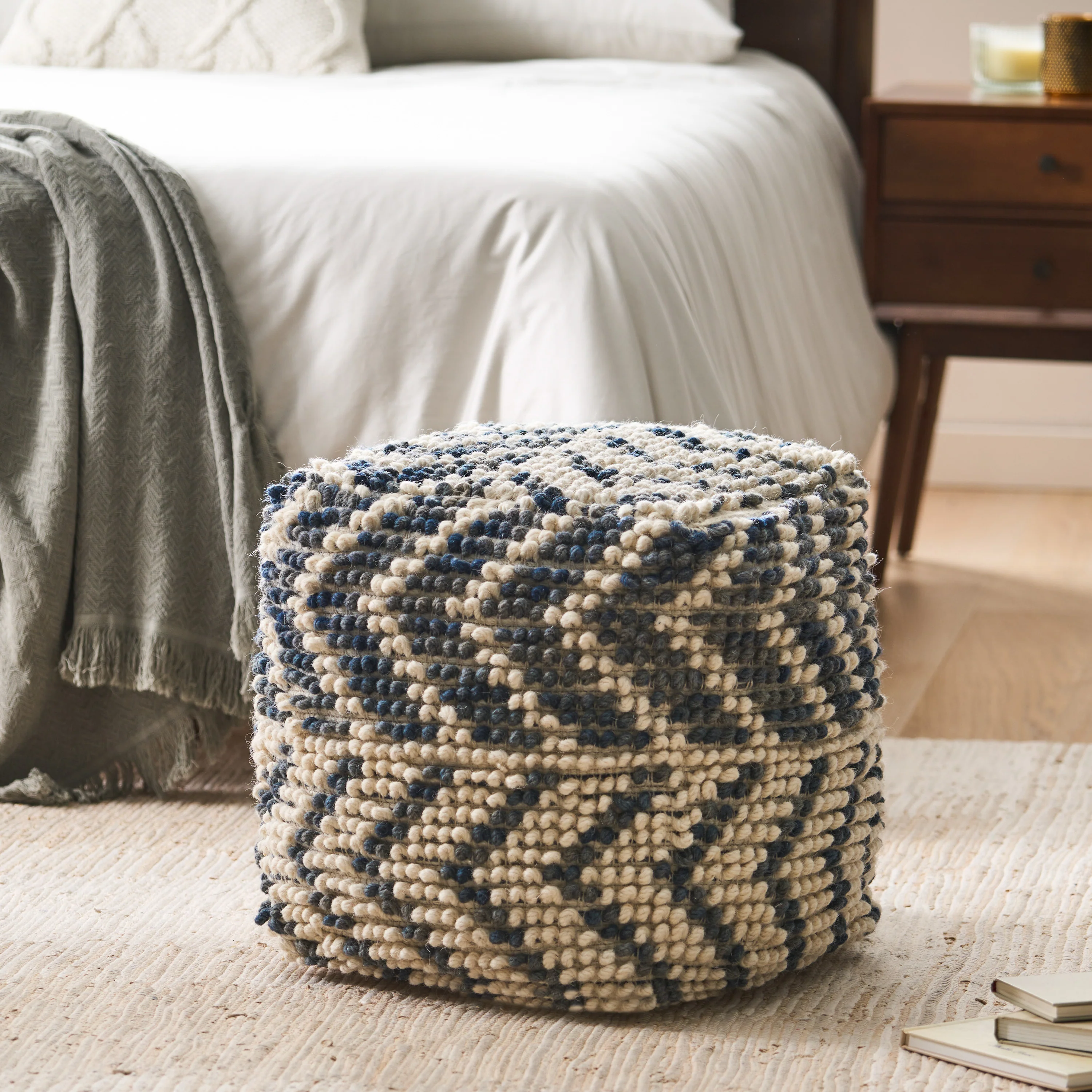 Ekrem Boho Wool and Cotton Large Ottoman Pouf - furnishings
