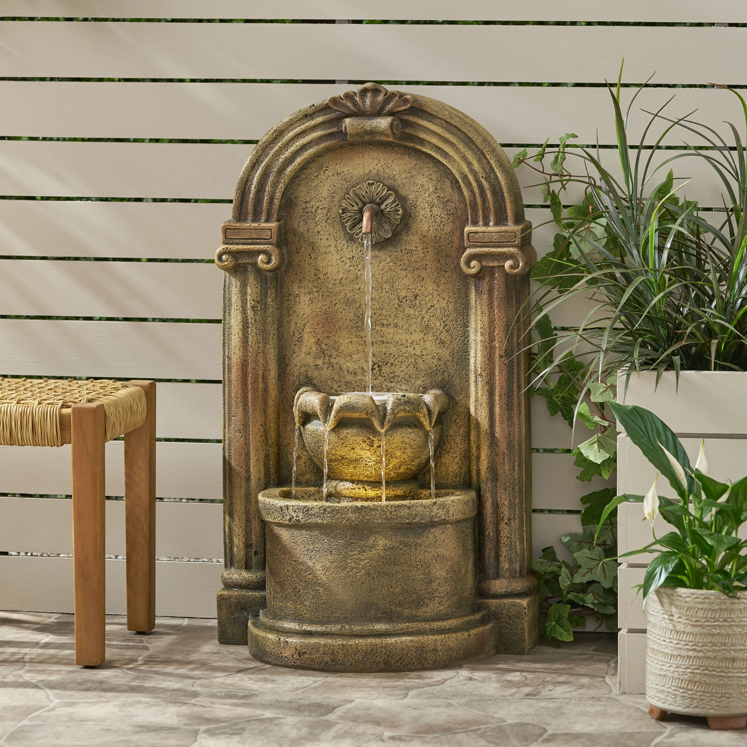 Sardis Outdoor 2-Tier Single Spout Fountain, Light Brown - furnishings
