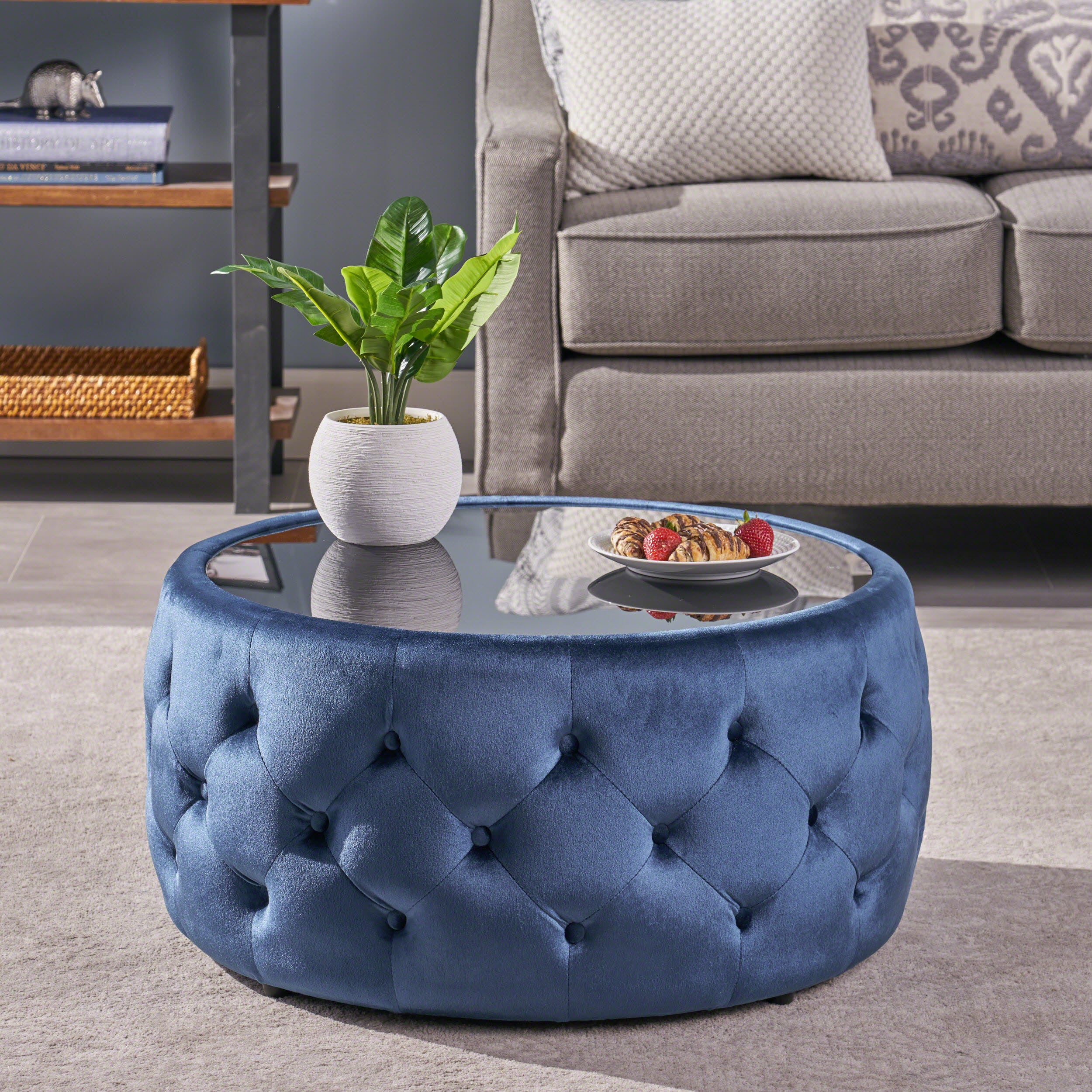 Ivy Glam Velvet and Tempered Glass Coffee Table Ottoman - furnishings
