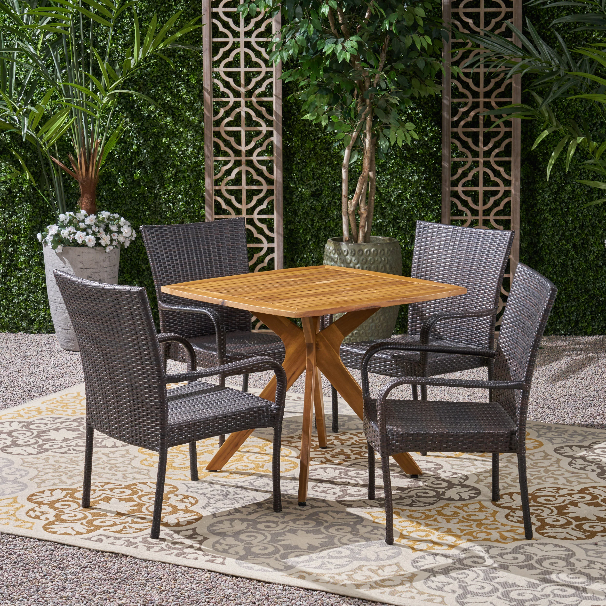 Stanford Outdoor 5 Piece Wood and Wicker Dining Set - furnishings