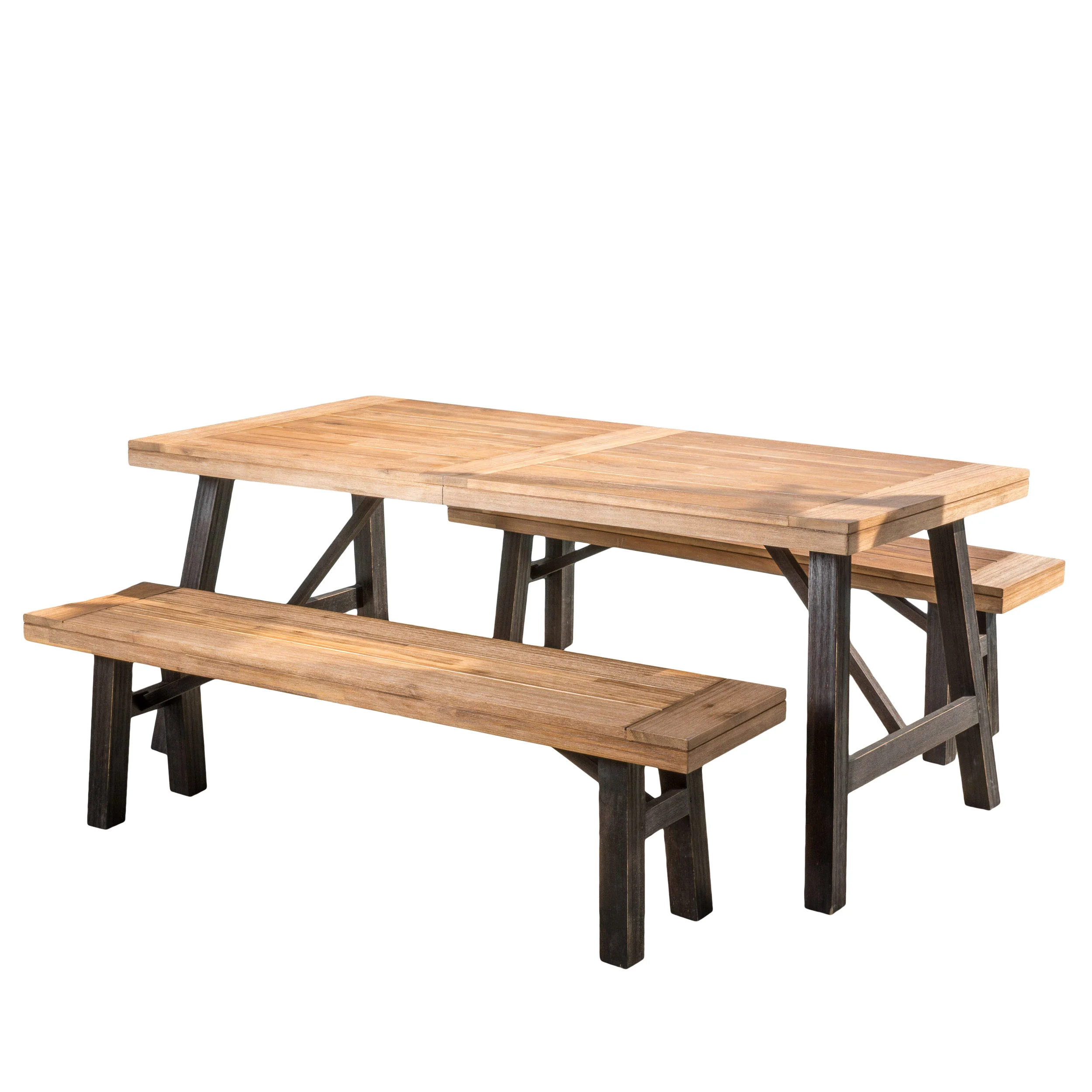 Valverde Outdoor Teak Finish and Brushed Grey Acacia Wood Picnic Dining Set - furnishings
