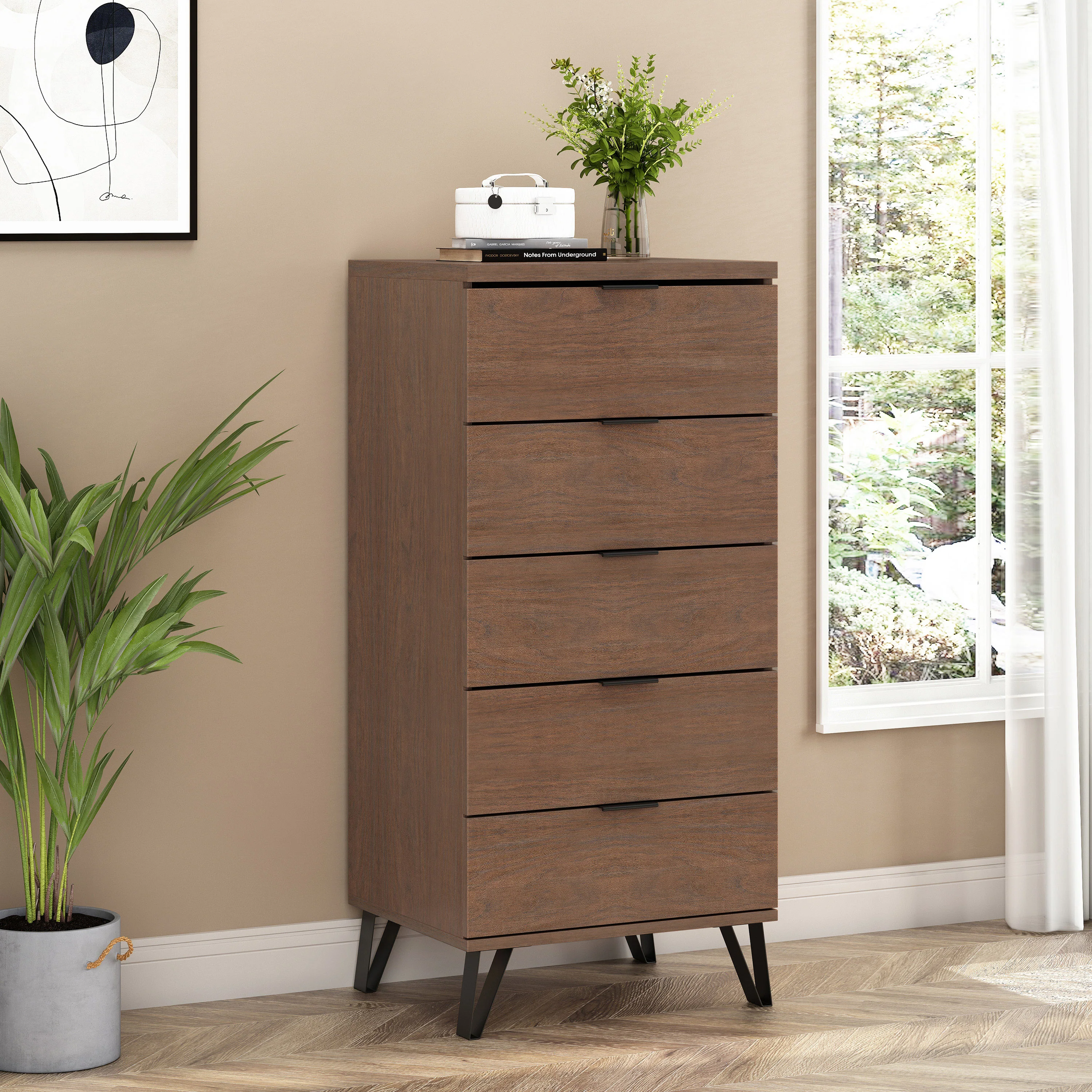 Demijen Modern Industrial 5 Drawer Dresser, Walnut and Matte Black - furnishings