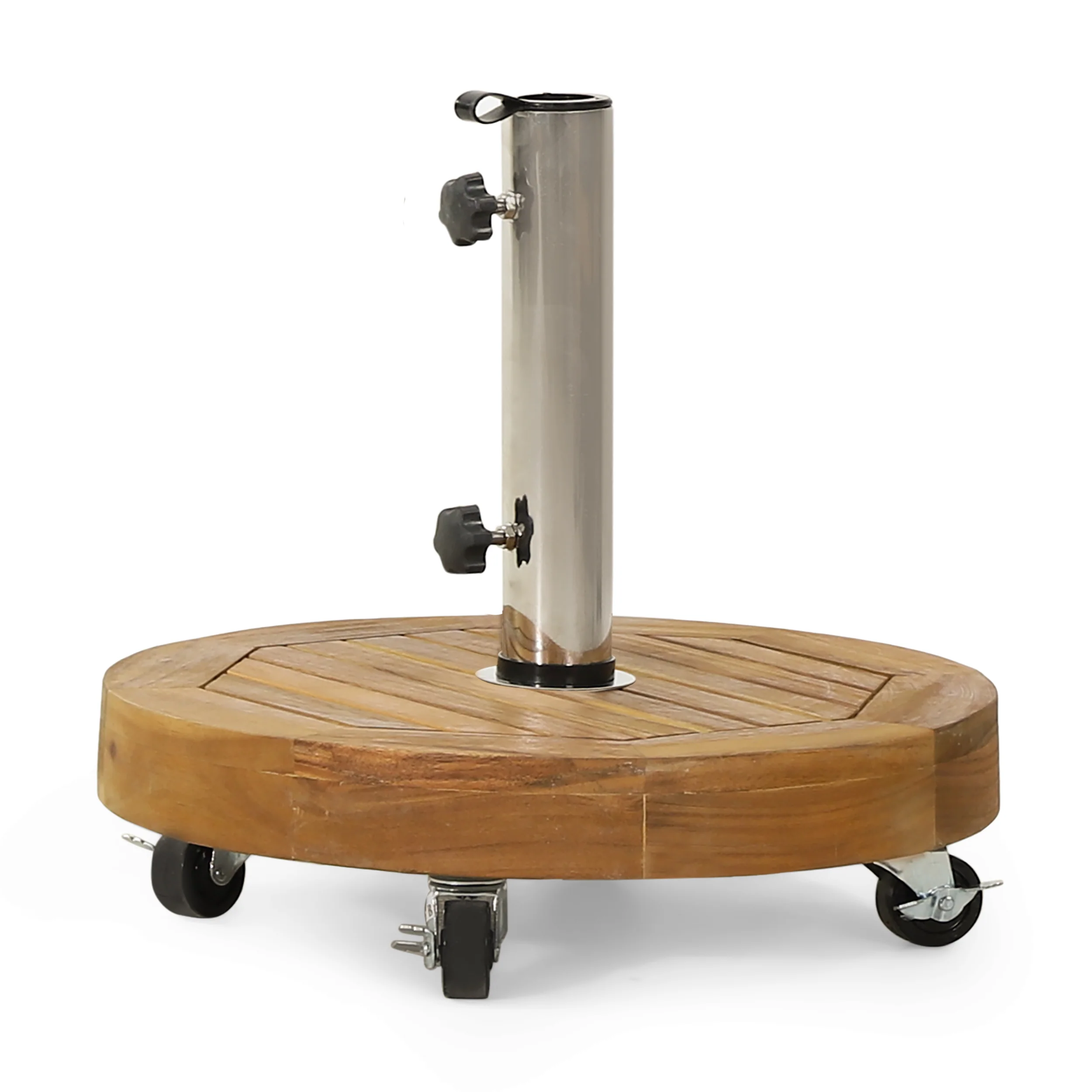 Bucy Outdoor 33lb Acacia Wood Circular Umbrella Base with Stainless Steel Tube, Teak - furnishings