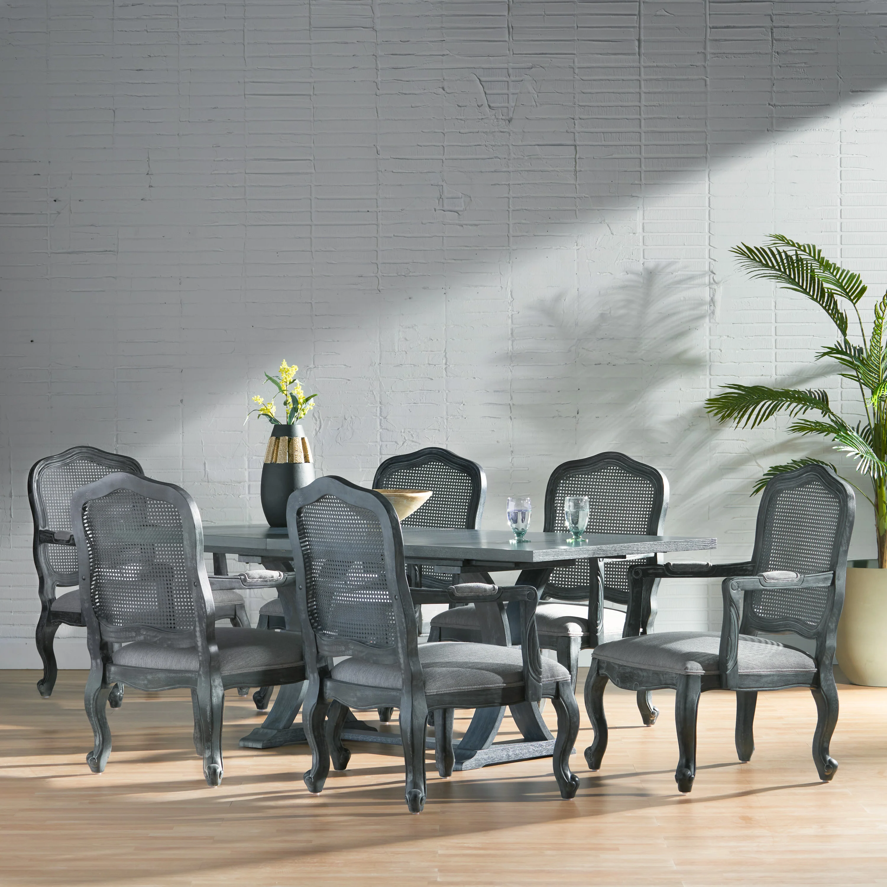 Biorn French Country Wood and Cane 7-Piece Expandable Dining Set - furnishings
