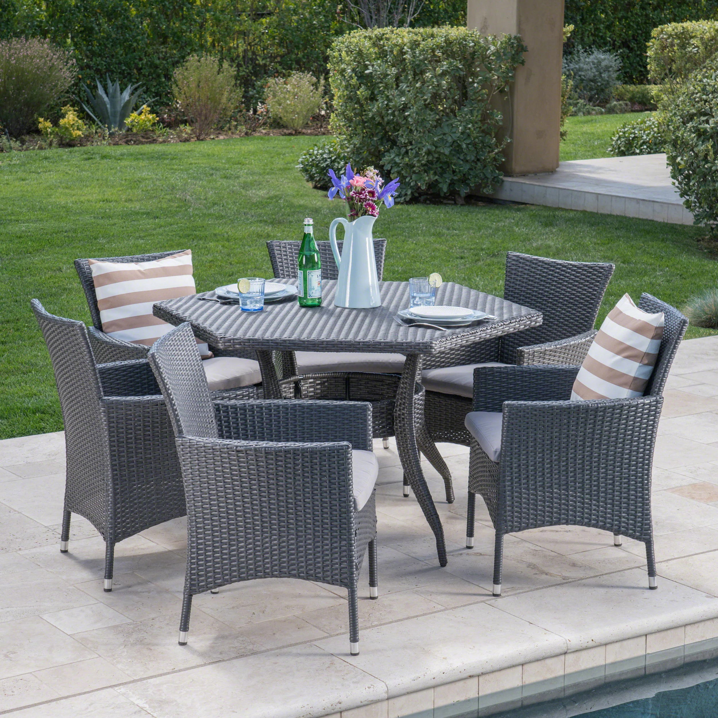Delilah Outdoor 7 Piece Wicker Hexagon Dining Set with Stacking Chairs - furnishings