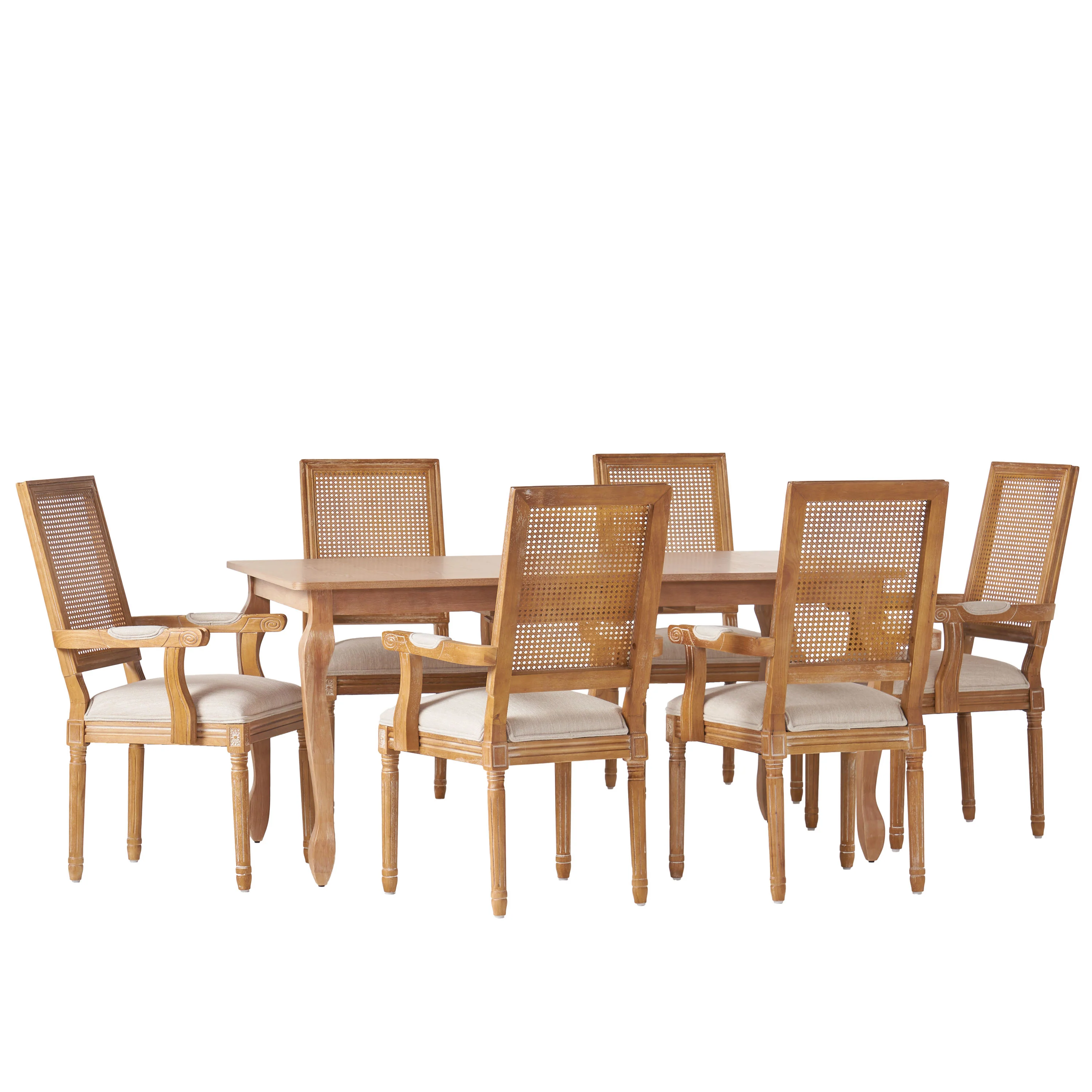 Regan French Country Fabric Upholstered Wood and Cane Expandable 7 Piece Dining Set - furnishings