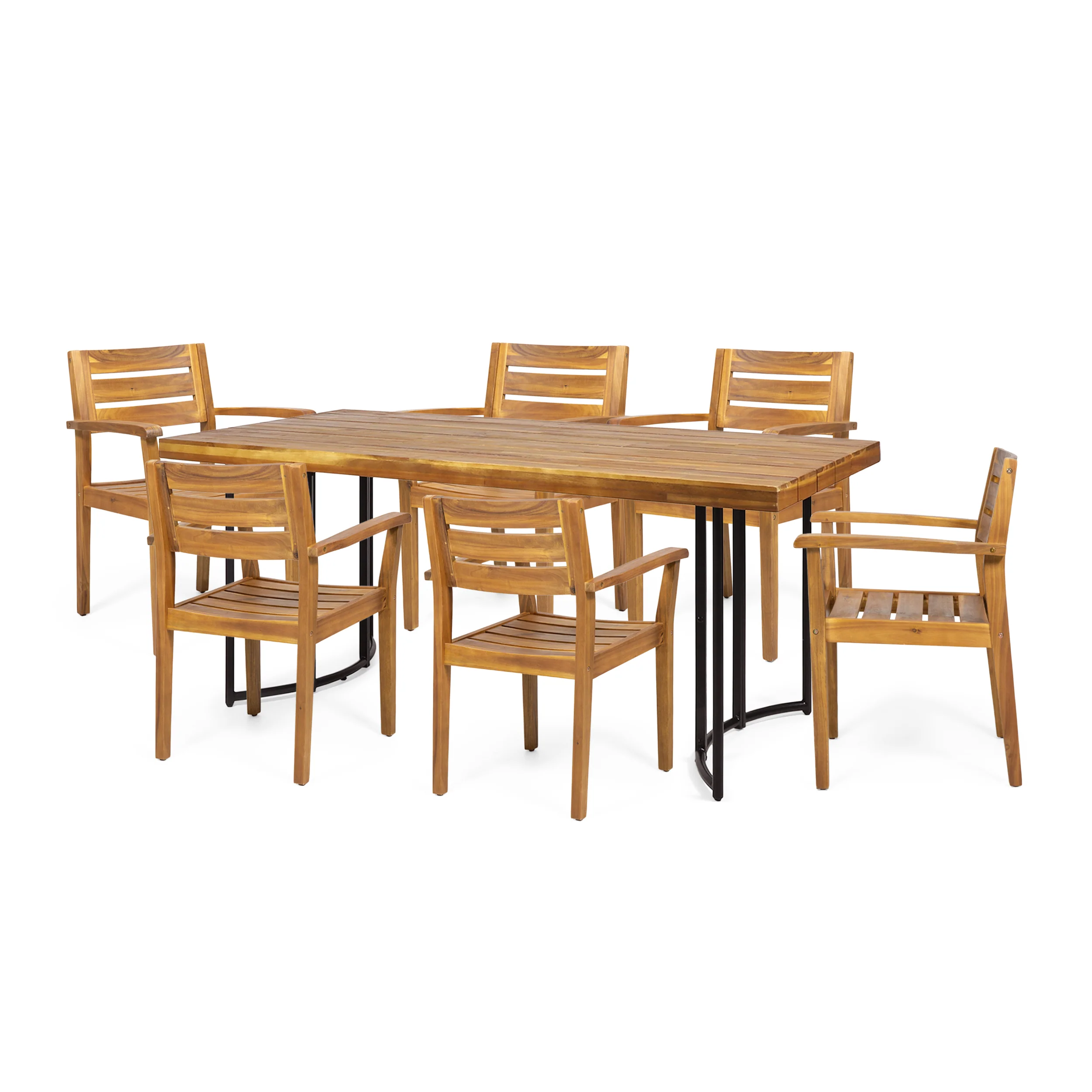 Serena Outdoor Modern Industrial 7 Piece Acacia Wood Dining Set - furnishings