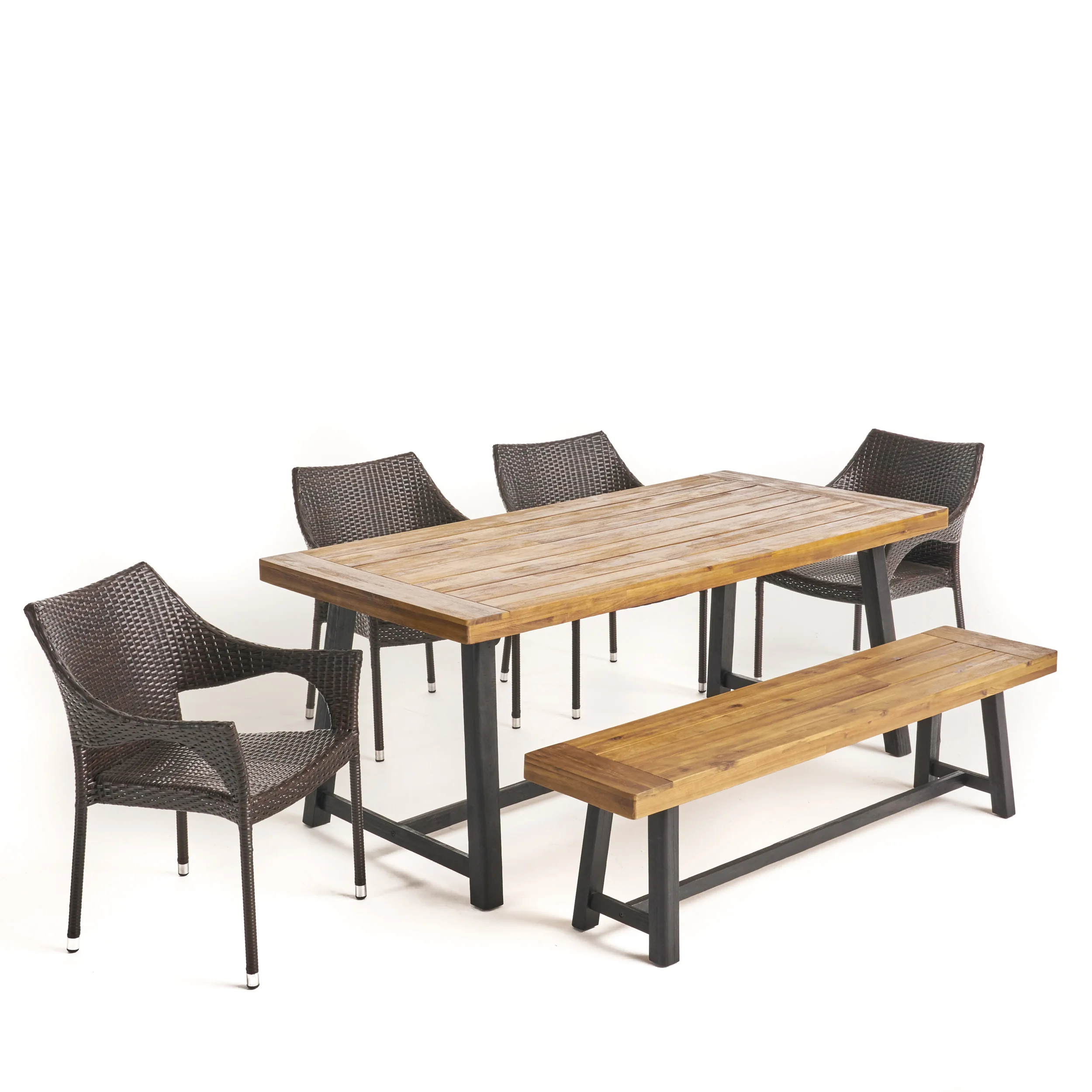 Barron Outdoor 6 Piece Dining Set with Wicker Chairs and Bench, Sandblast Teak and Multi Brown and Cream - furnishings