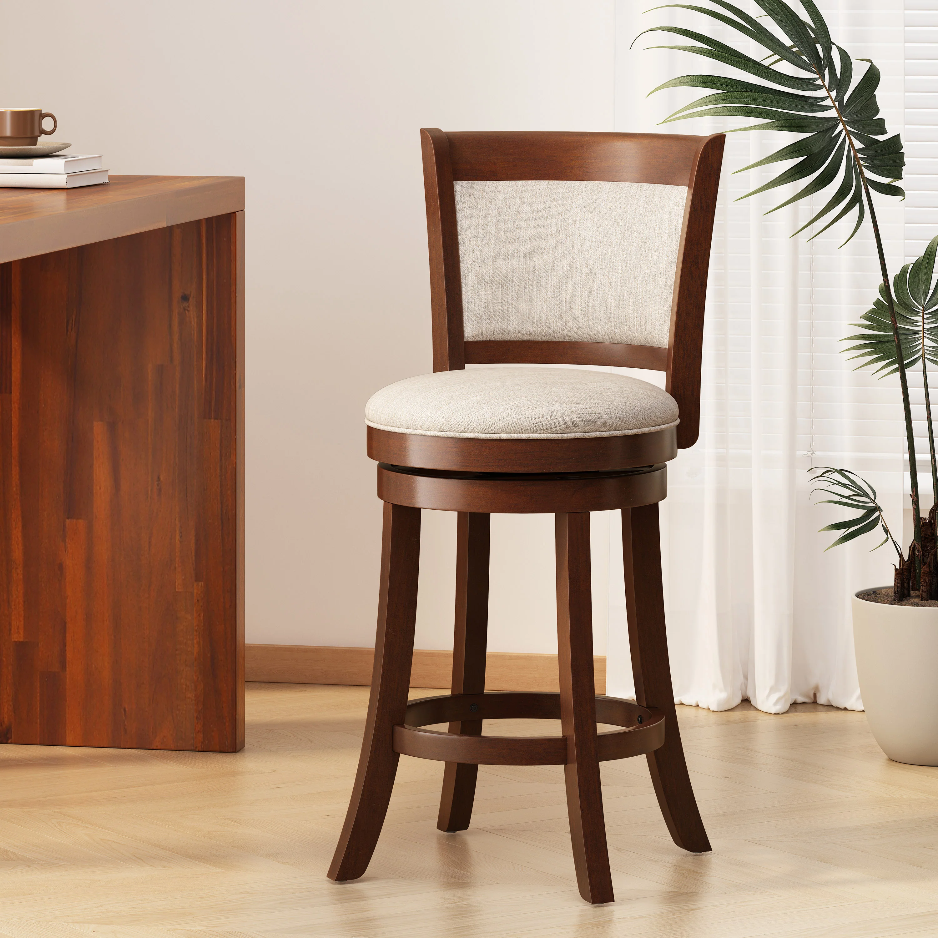 Davis Modern 24-Inch Beige Upholstered Wood Swivel Backed Counterstool - furnishings