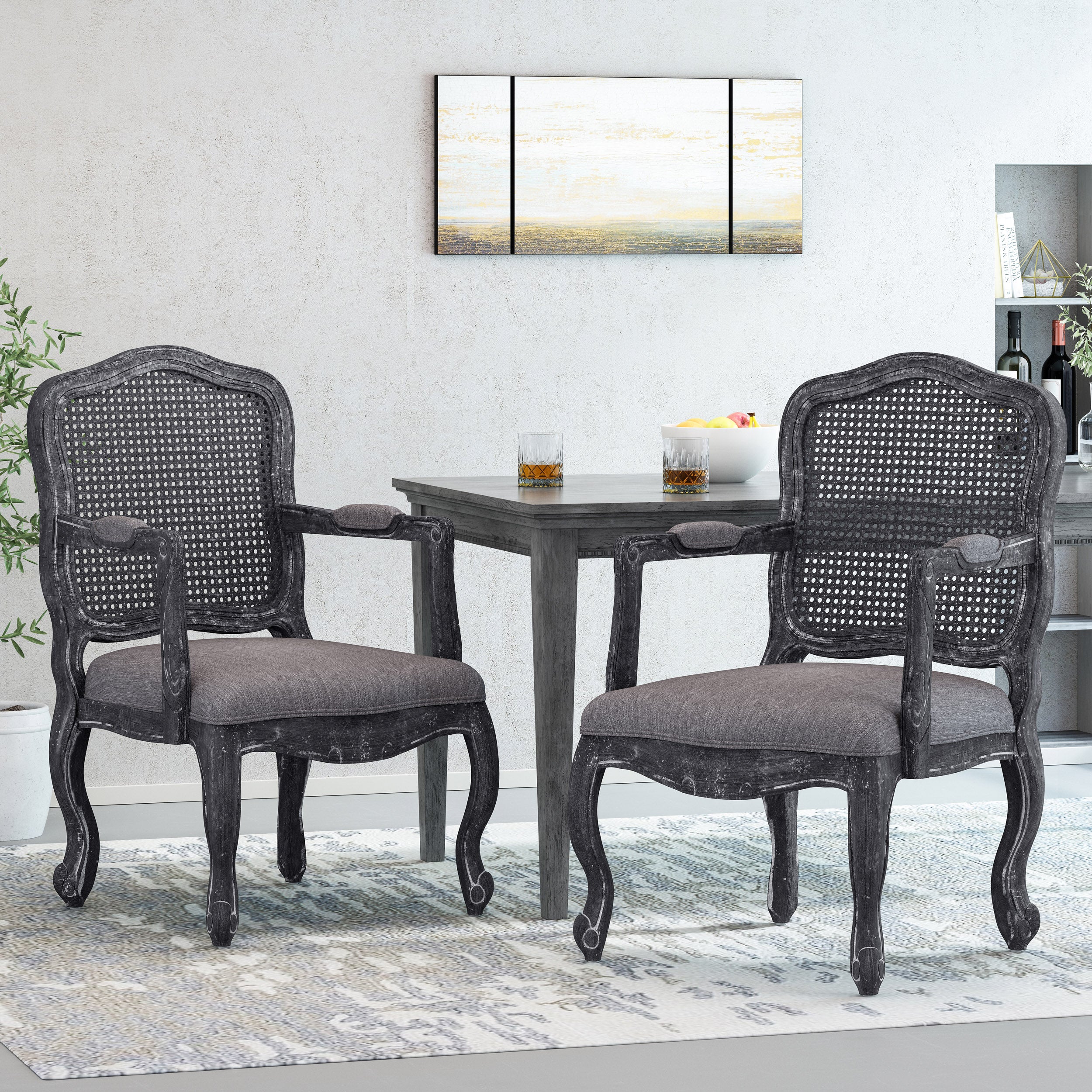 Biorn French Country Wood and Cane Upholstered Dining Armchair - furnishings