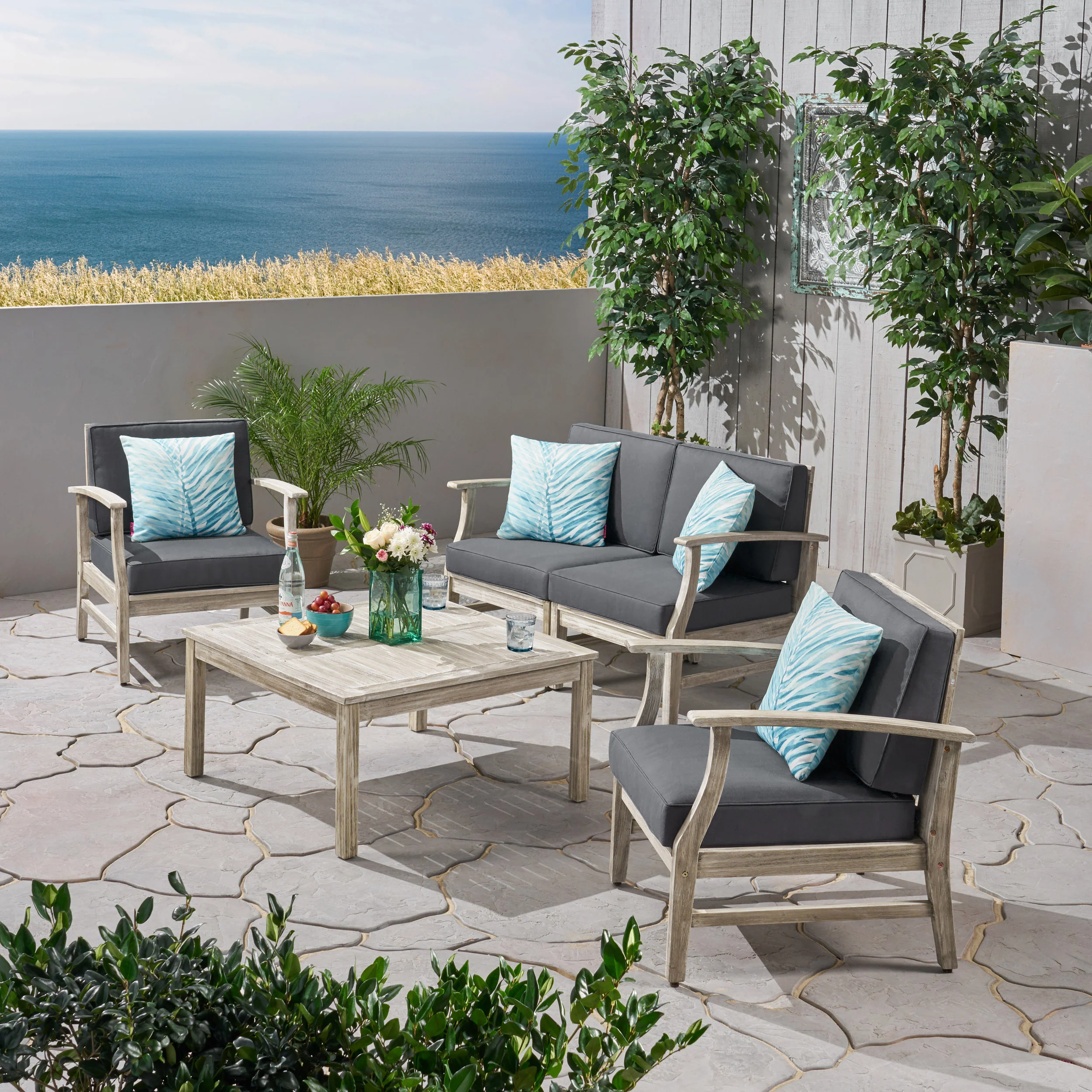 Lorelei Outdoor 5 Piece Acacia Wood Chat Set - furnishings