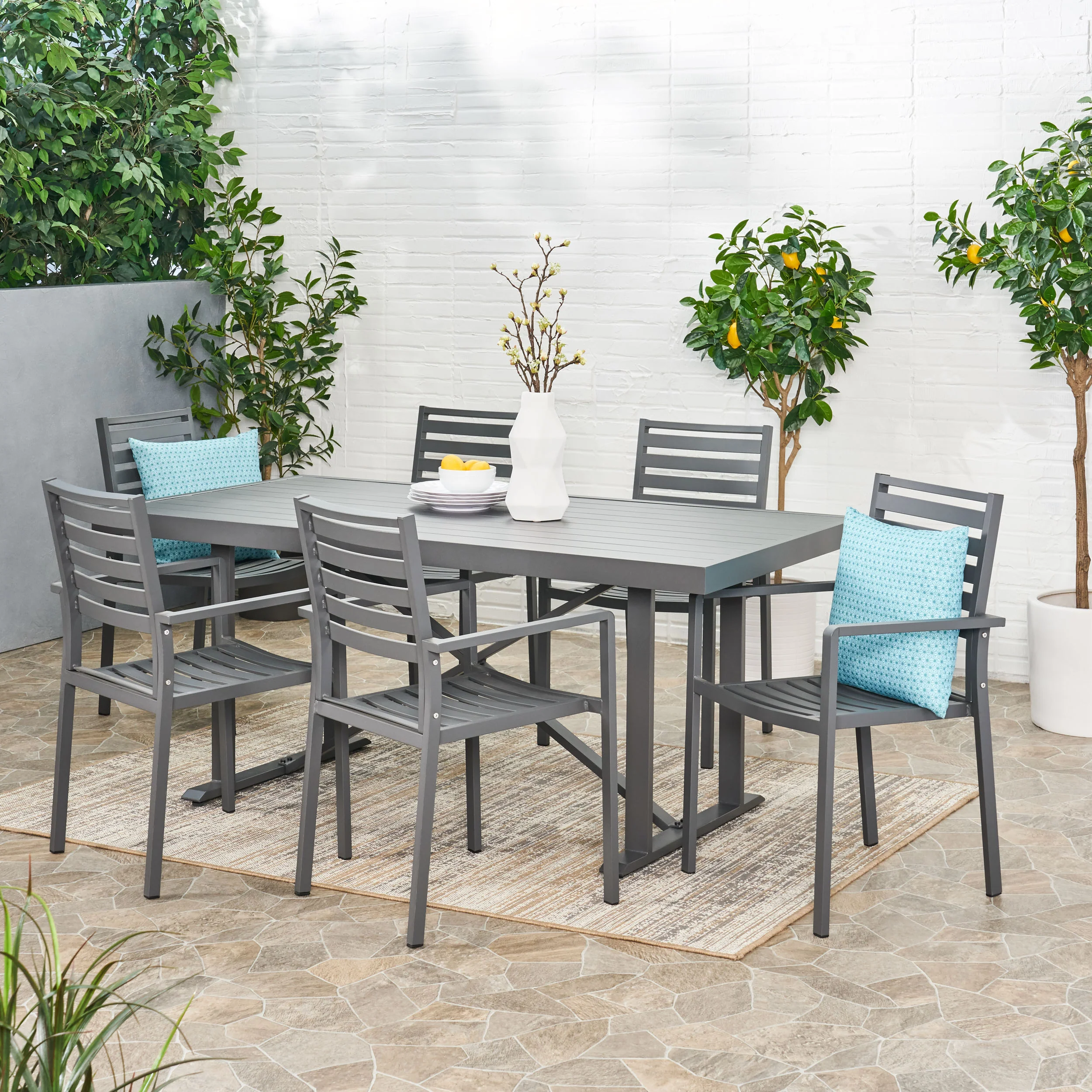 Fairground Outdoor Modern Industrial Aluminum 7 Piece Dining Set - furnishings