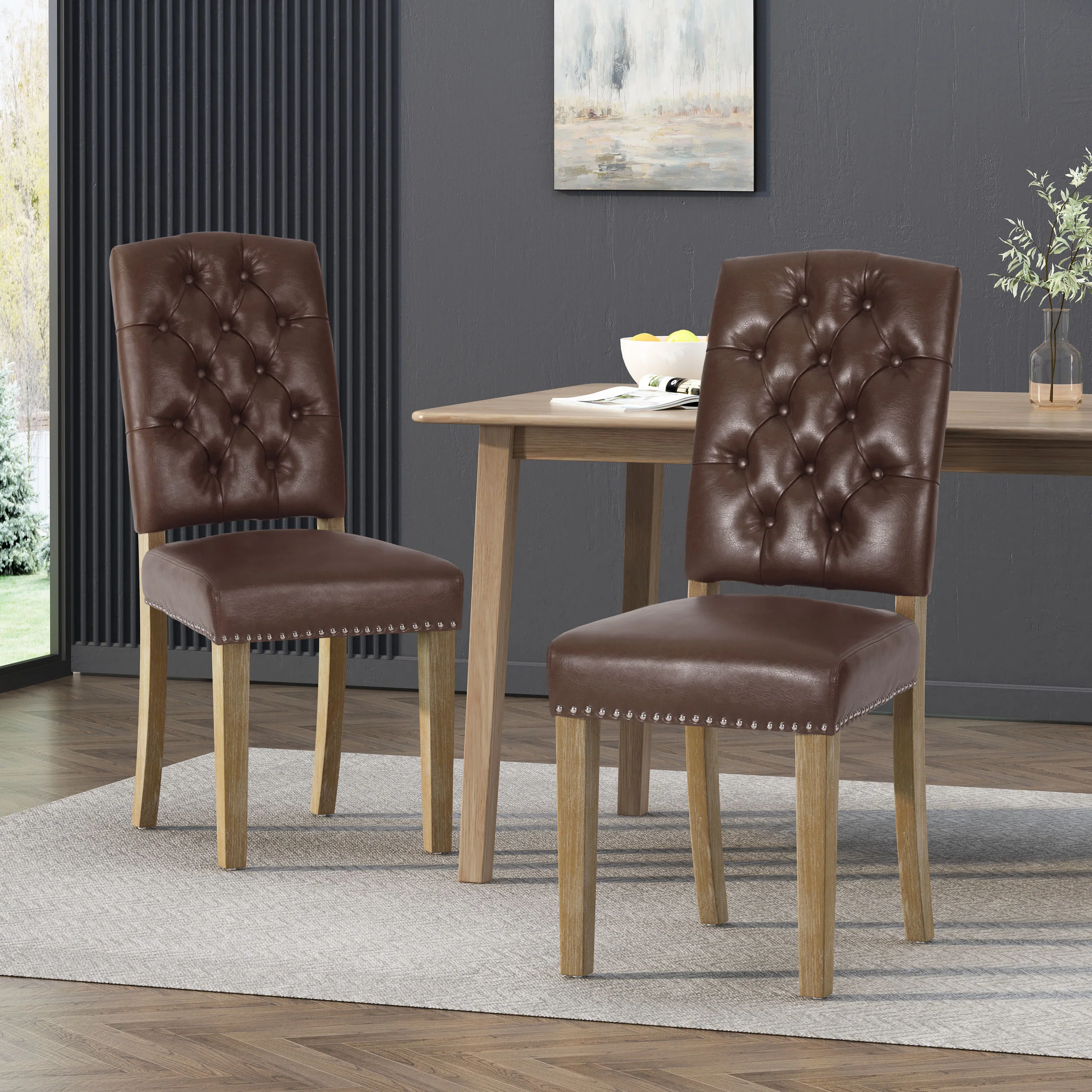 Frances Contemporary Faux Leather Tufted Dining Chairs with Nailhead Trim, Set of 2 - furnishings