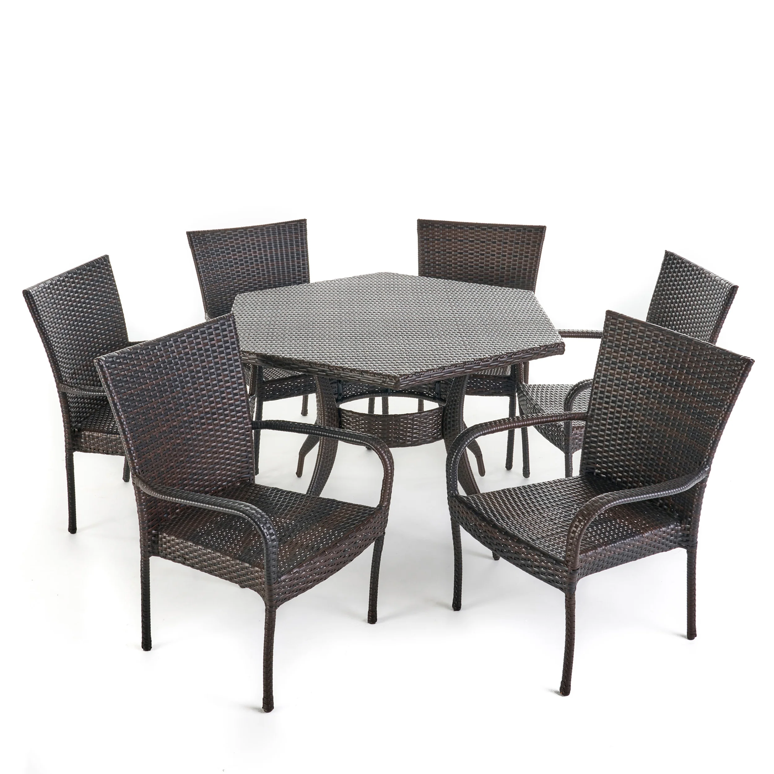 Basil Outdoor 7 Piece Wicker Hexagon Dining Set with Stacking Chairs - furnishings