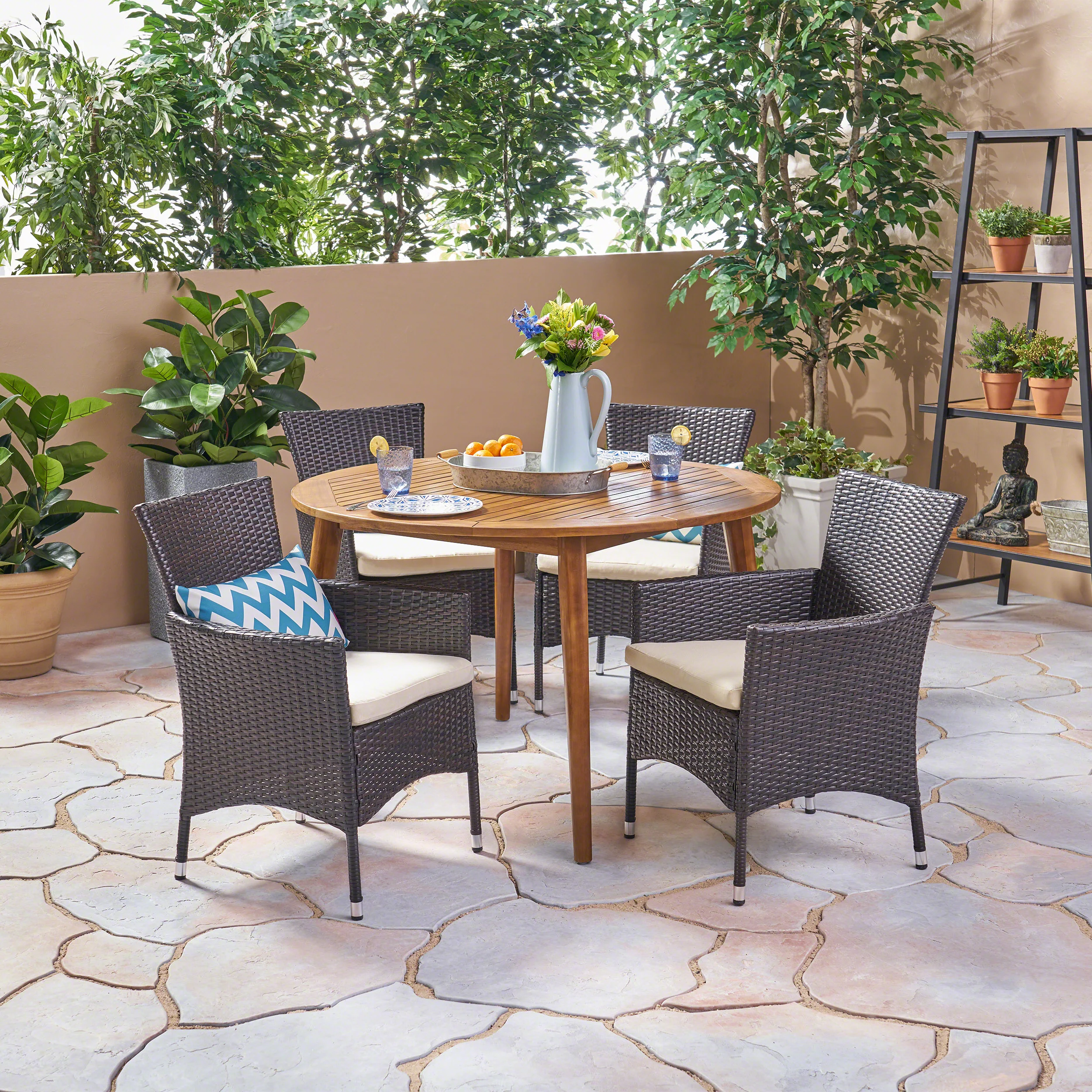 Hearn Outdoor 5 Piece Wood and Wicker Dining Set - furnishings