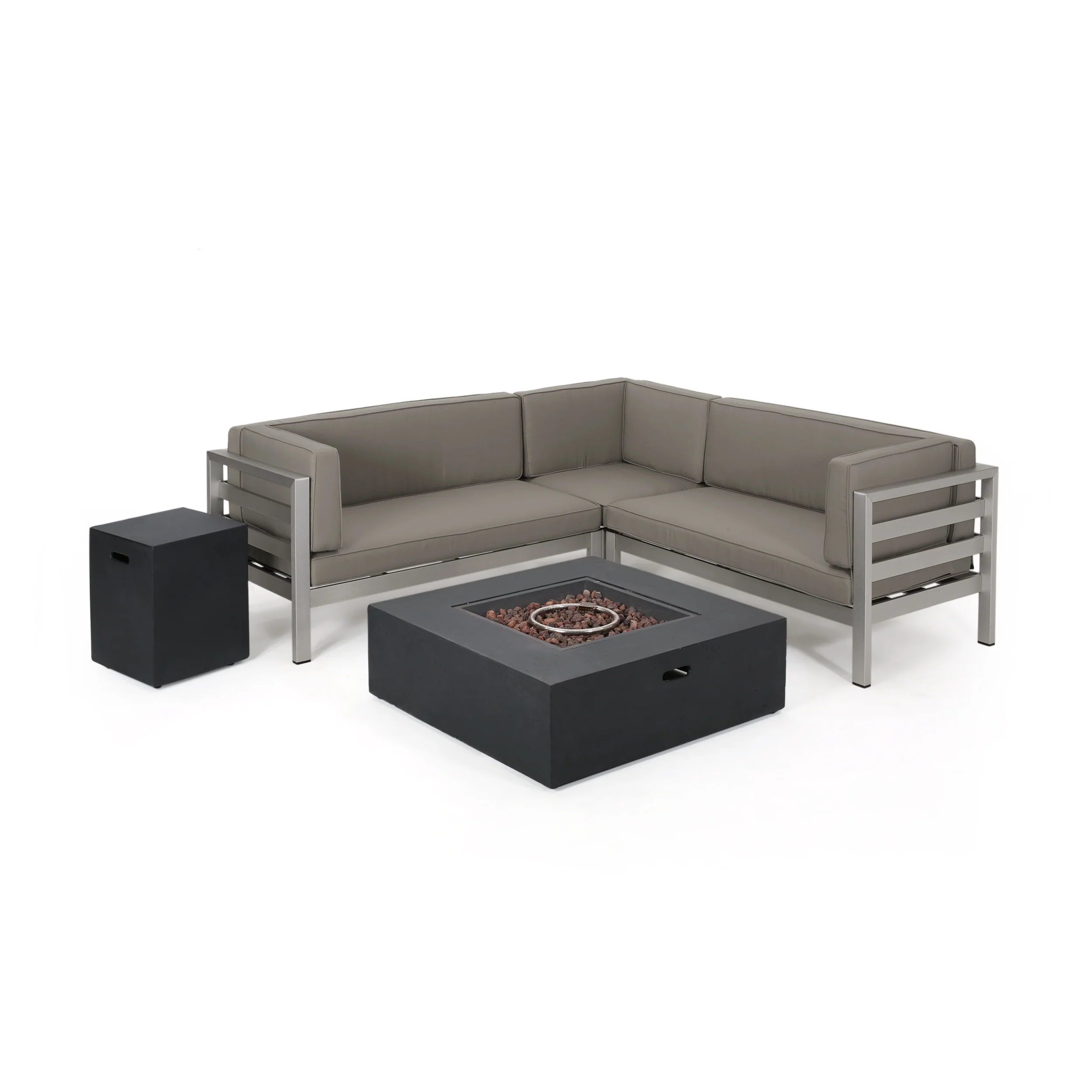 Lompoc Aire Outdoor Modern 5 Seater V-Shaped Sectional Sofa Set with Fire Pit and Tank Holder - furnishings