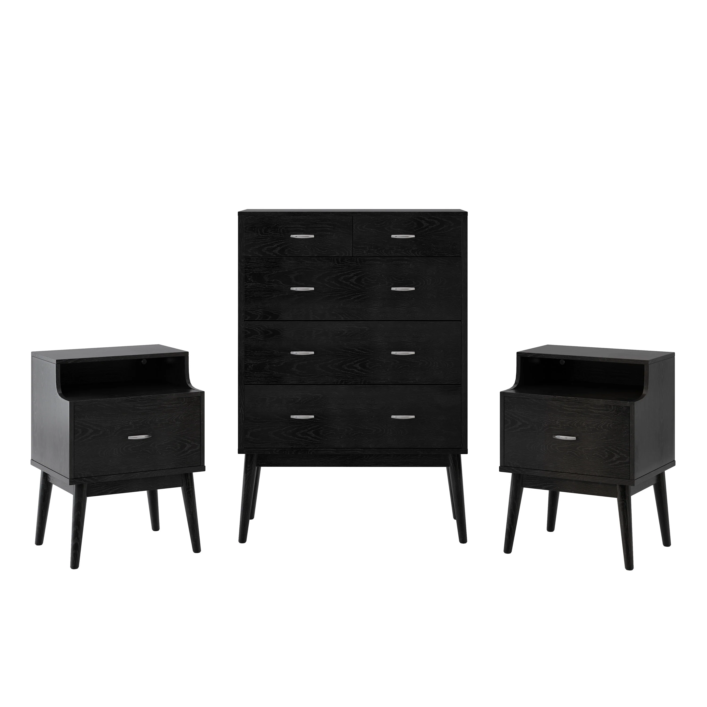 Wilbur Mid Century Wooden 3 Piece 5 Drawer Dresser and Nightstand Bedroom Set - furnishings